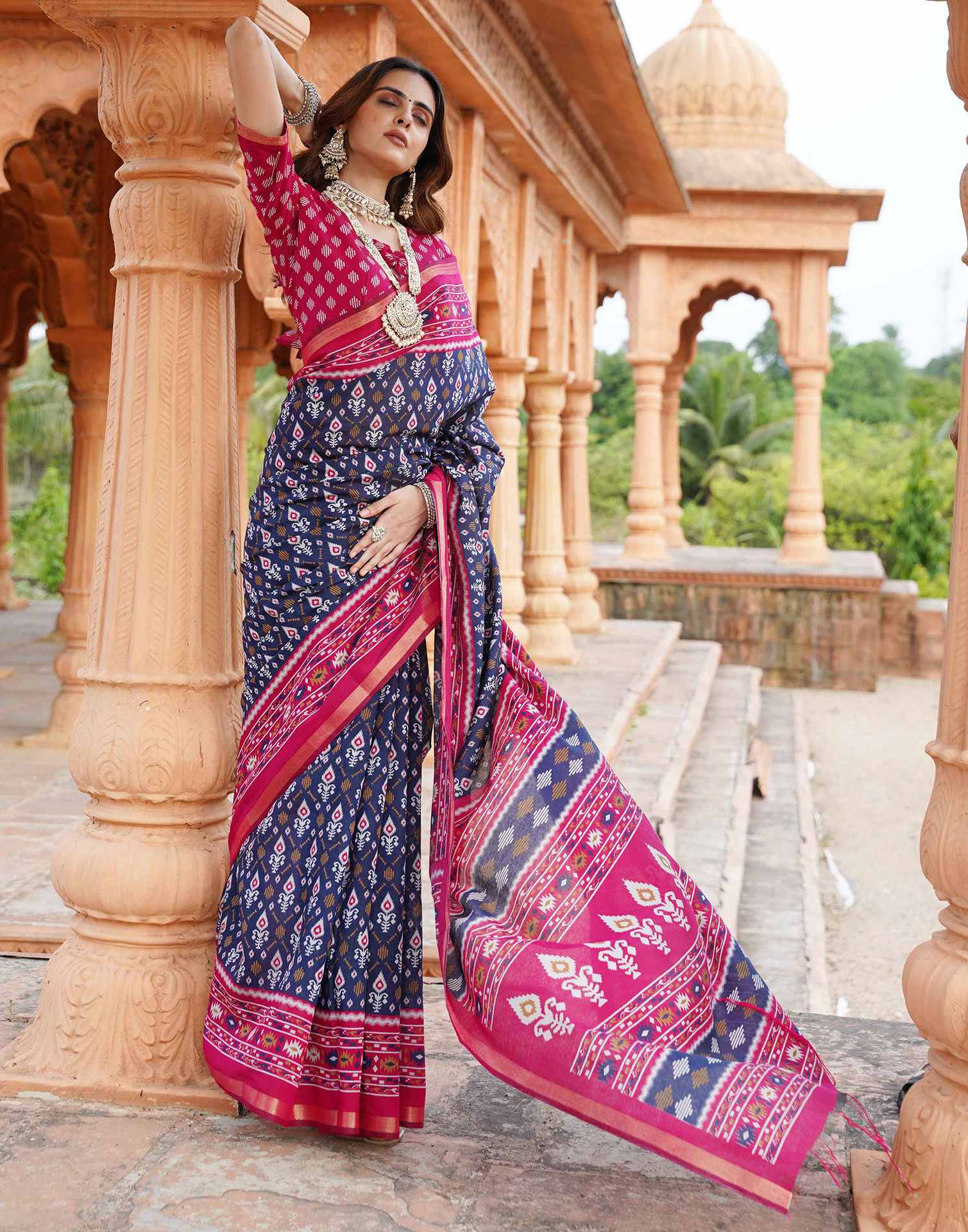 Navy Blue Cotton Printed Patola Saree
