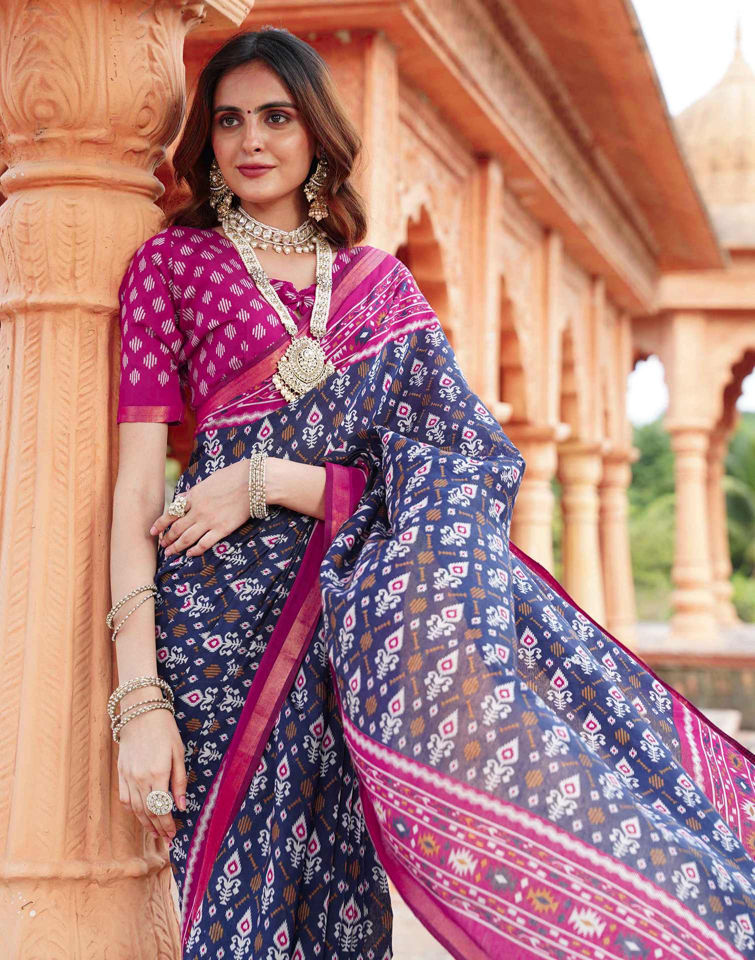 Navy Blue Cotton Printed Patola Saree