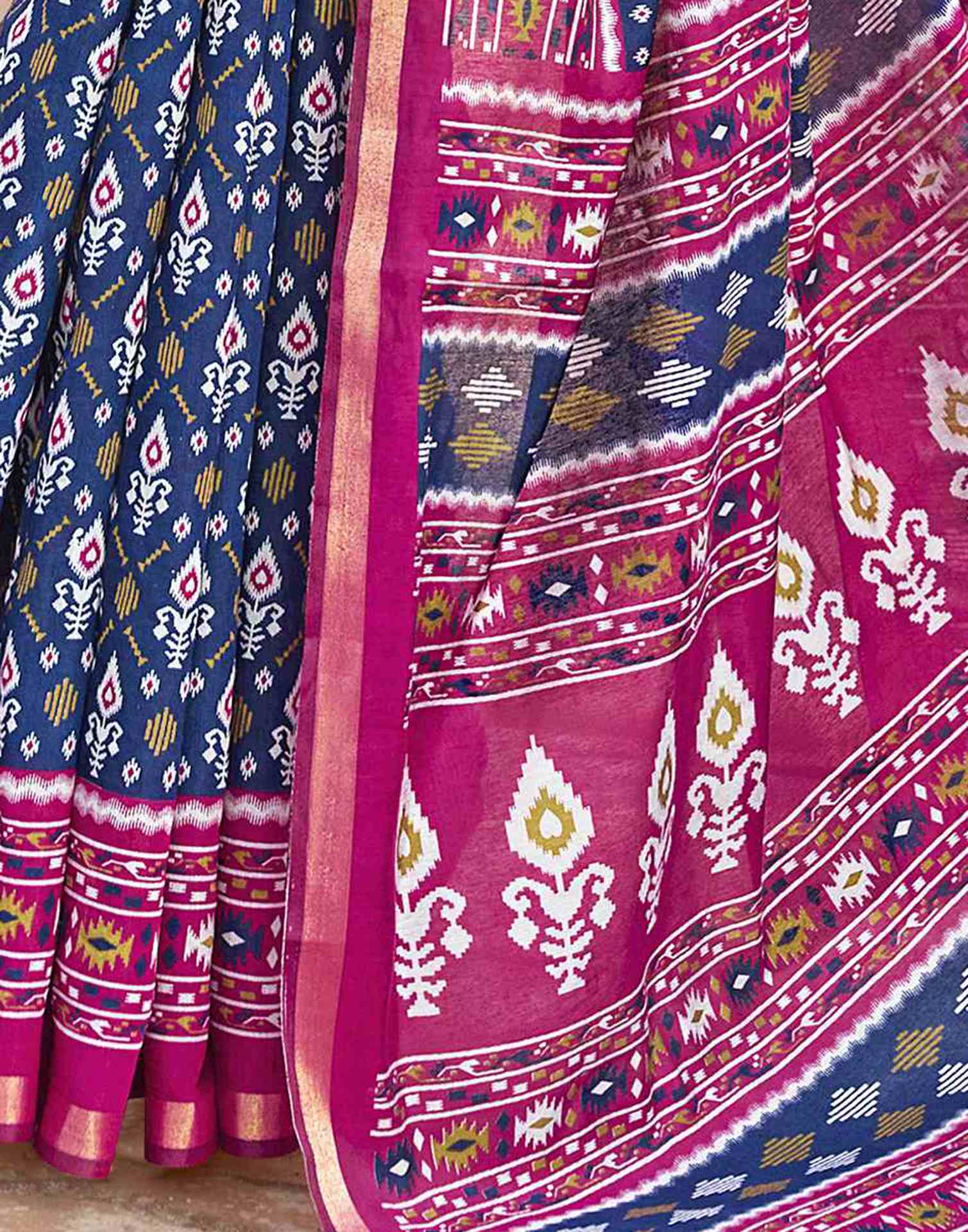 Navy Blue Cotton Printed Patola Saree