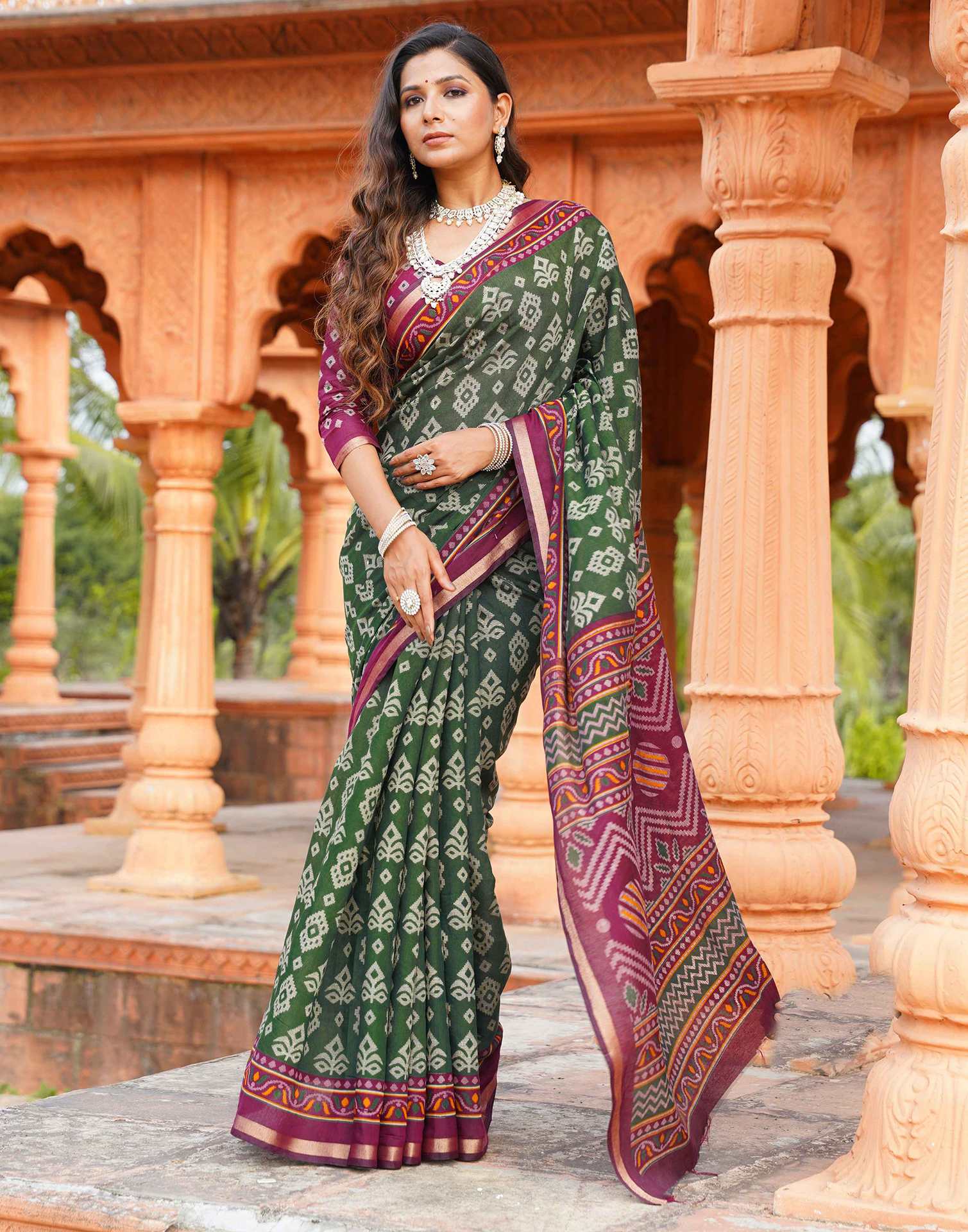 Dark Green Cotton Printed Patola Saree