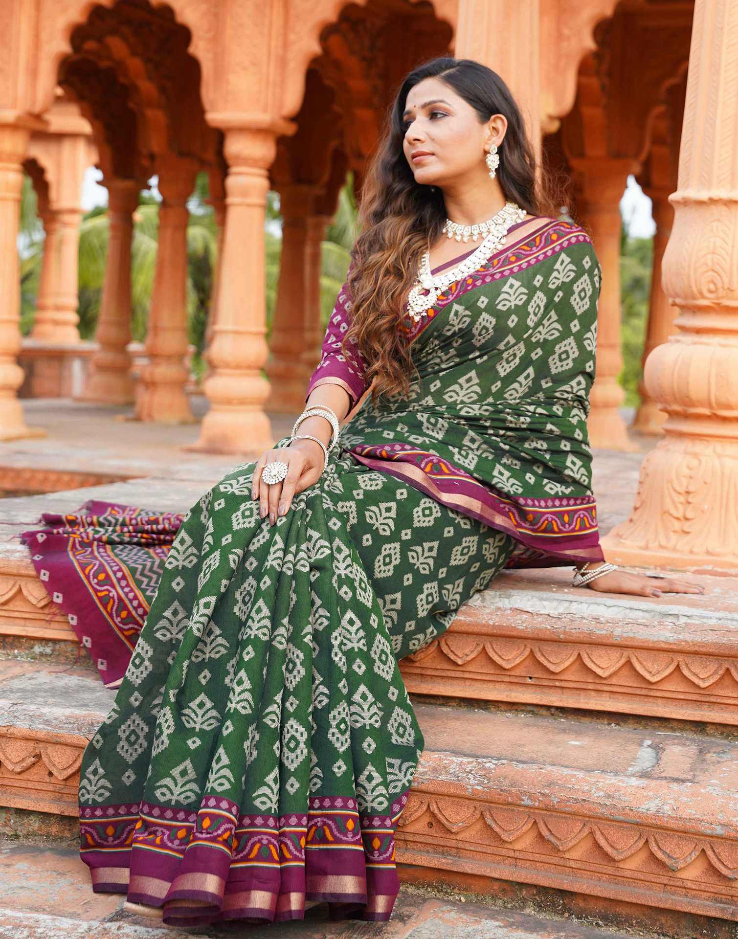 Dark Green Cotton Printed Patola Saree