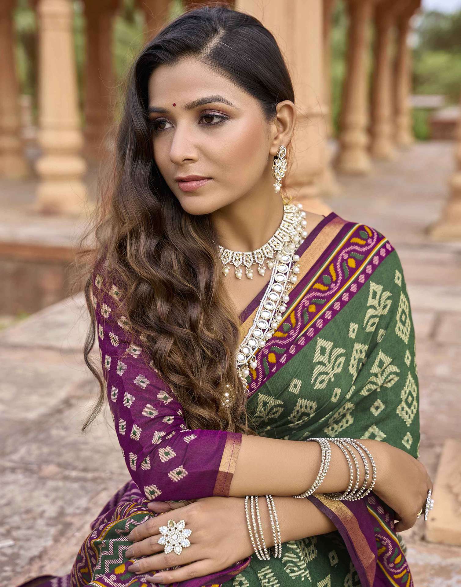 Dark Green Cotton Printed Patola Saree