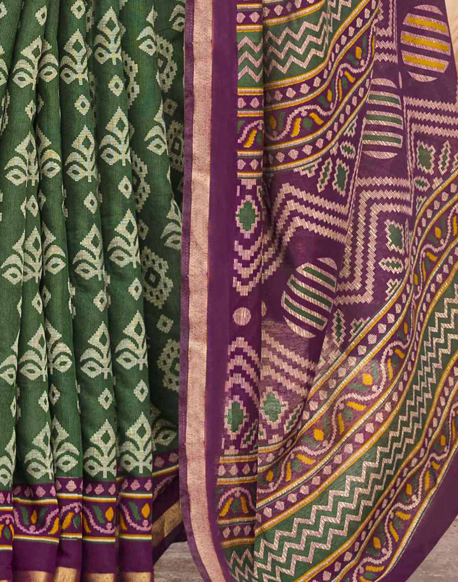 Dark Green Cotton Printed Patola Saree