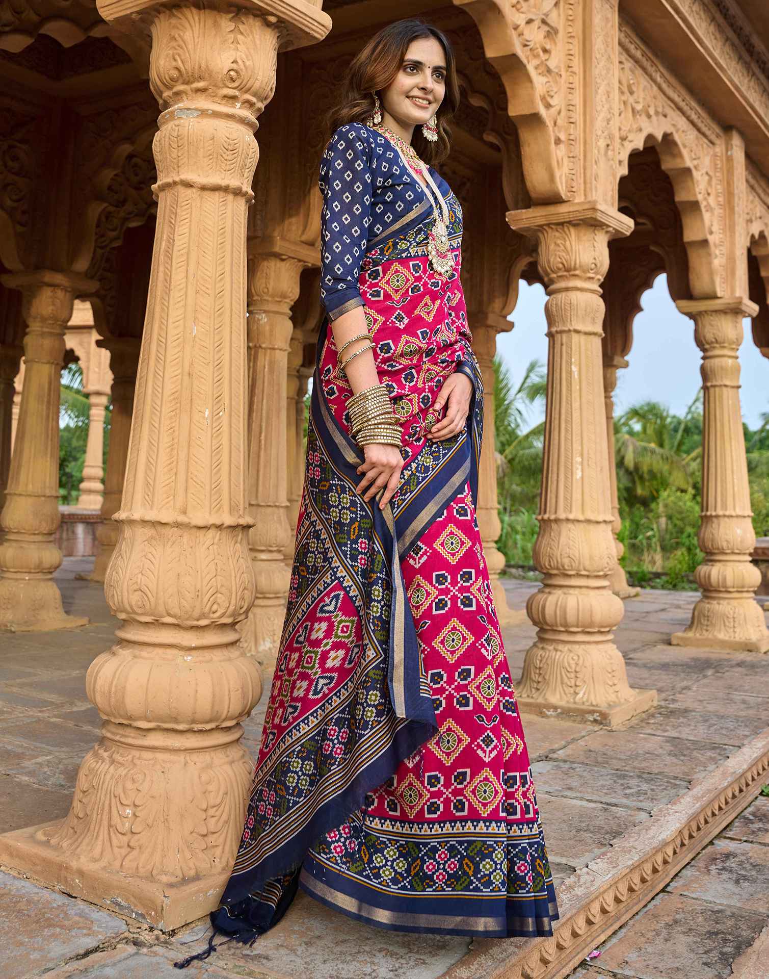 Rani Pink Cotton Printed Patola Saree