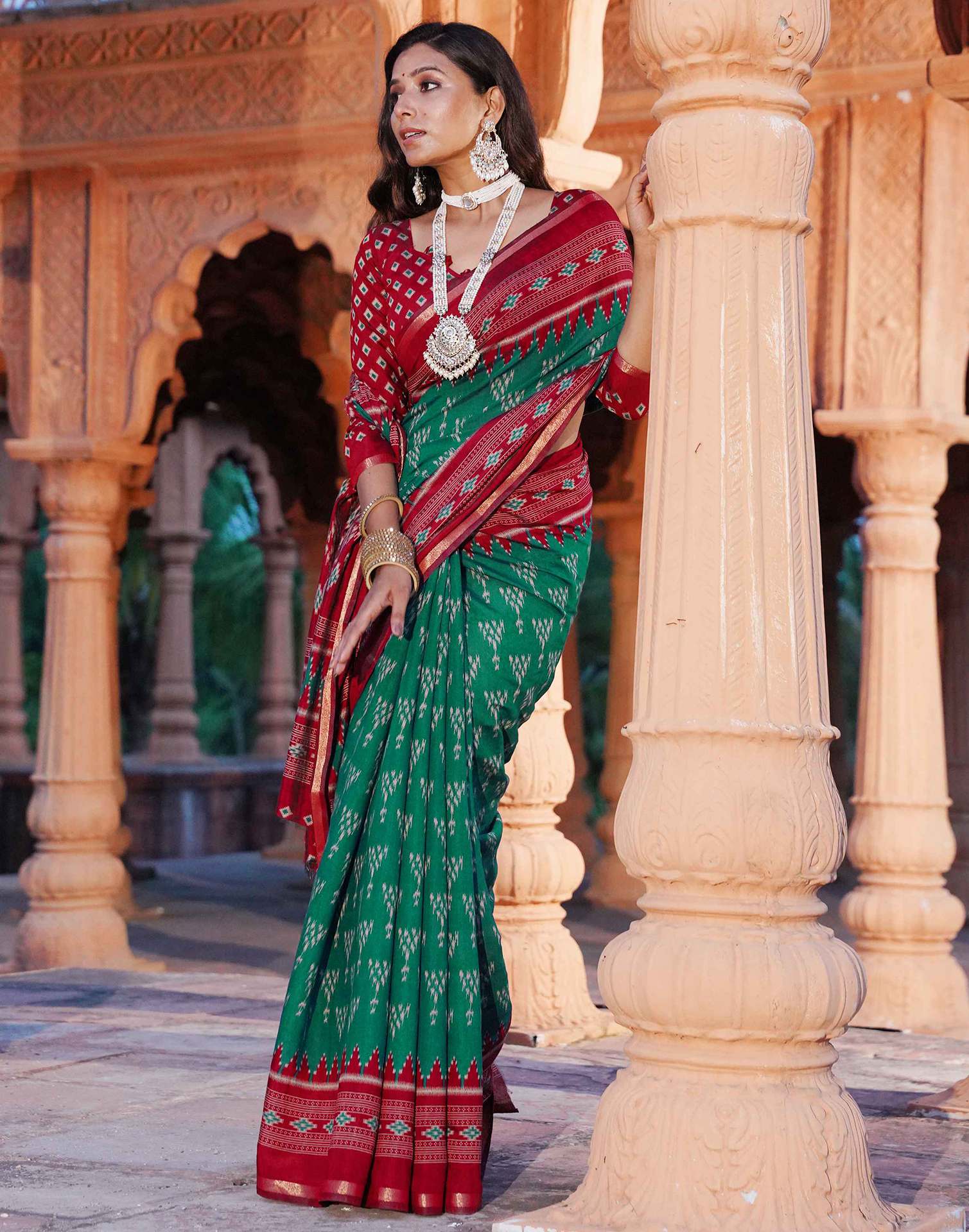 Teal Green Cotton Printed Patola Saree