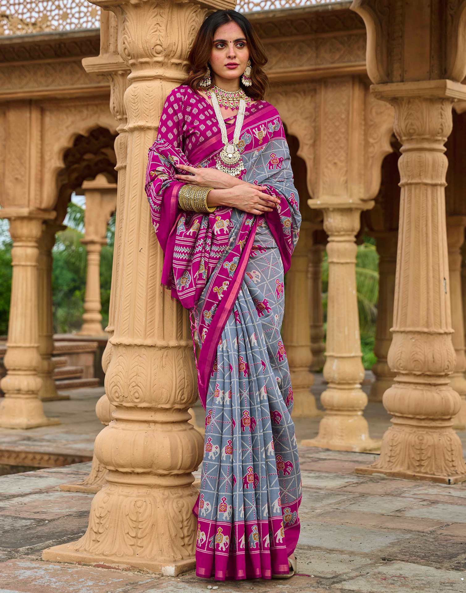 Grey Cotton Printed Patola Saree