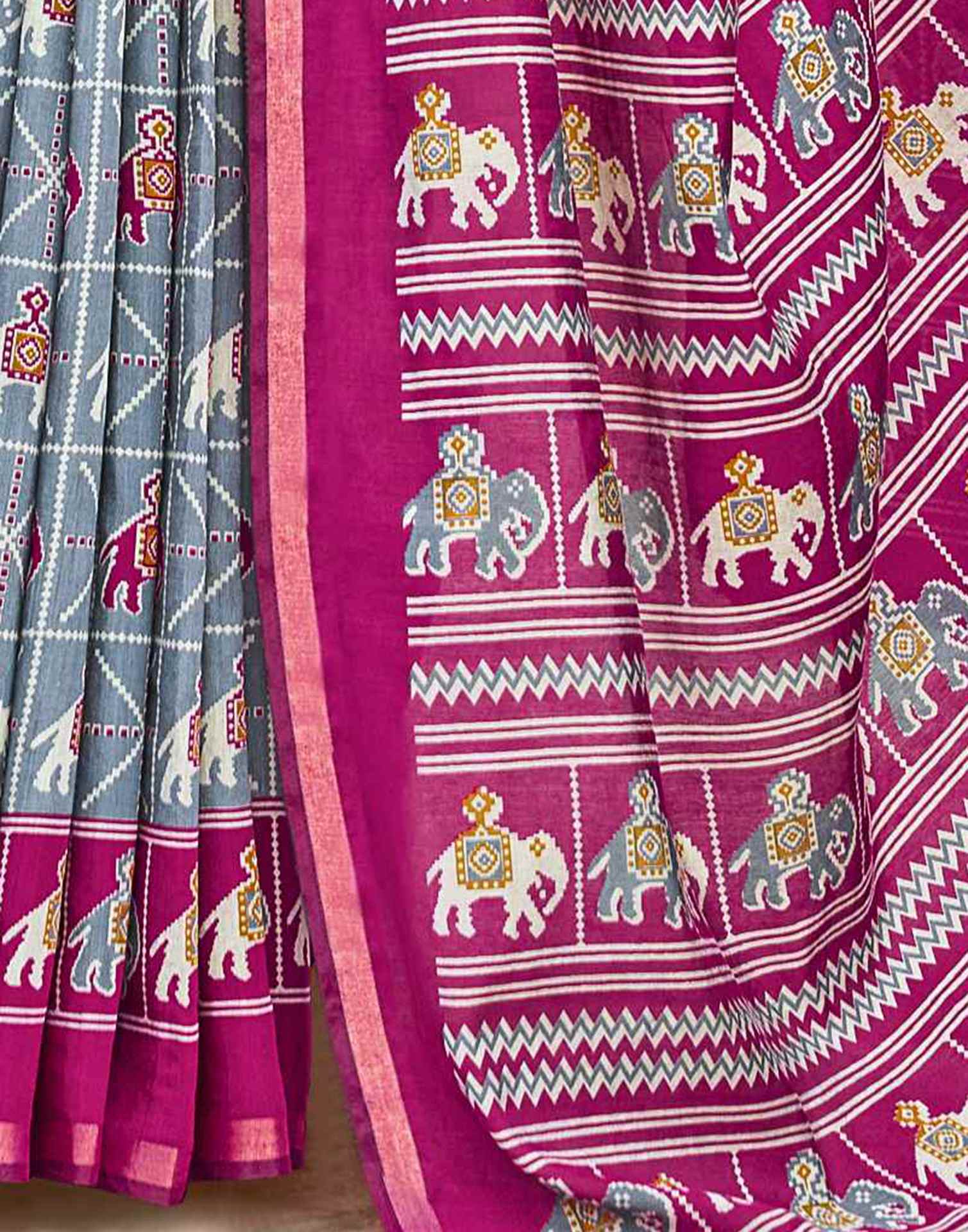 Grey Cotton Printed Patola Saree