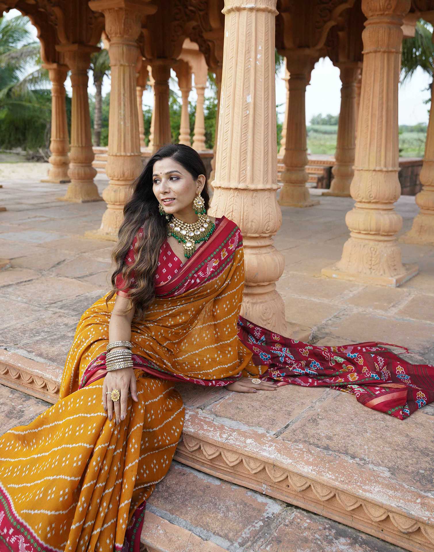 Mustard Yellow Cotton Printed Patola Saree