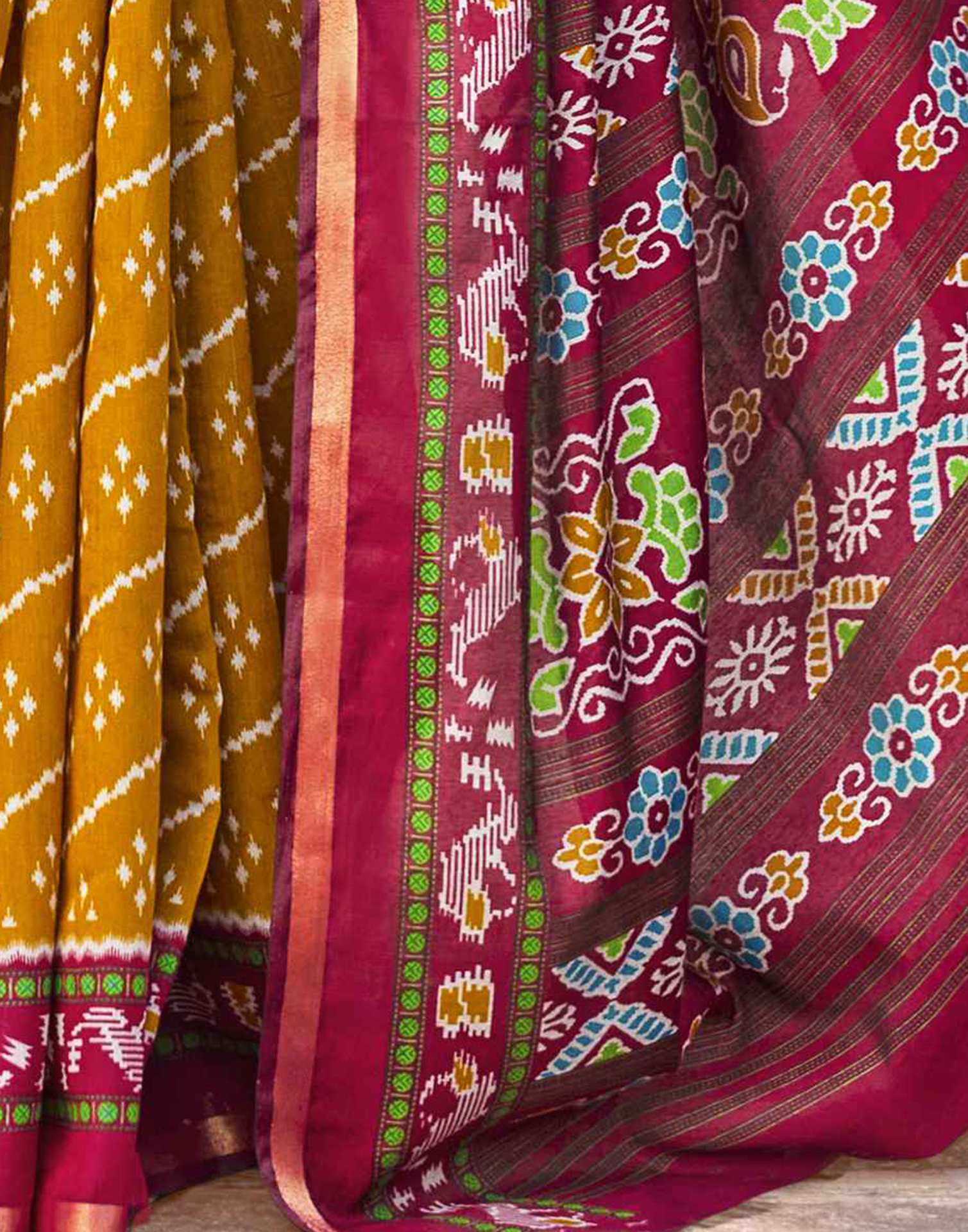 Mustard Yellow Cotton Printed Patola Saree