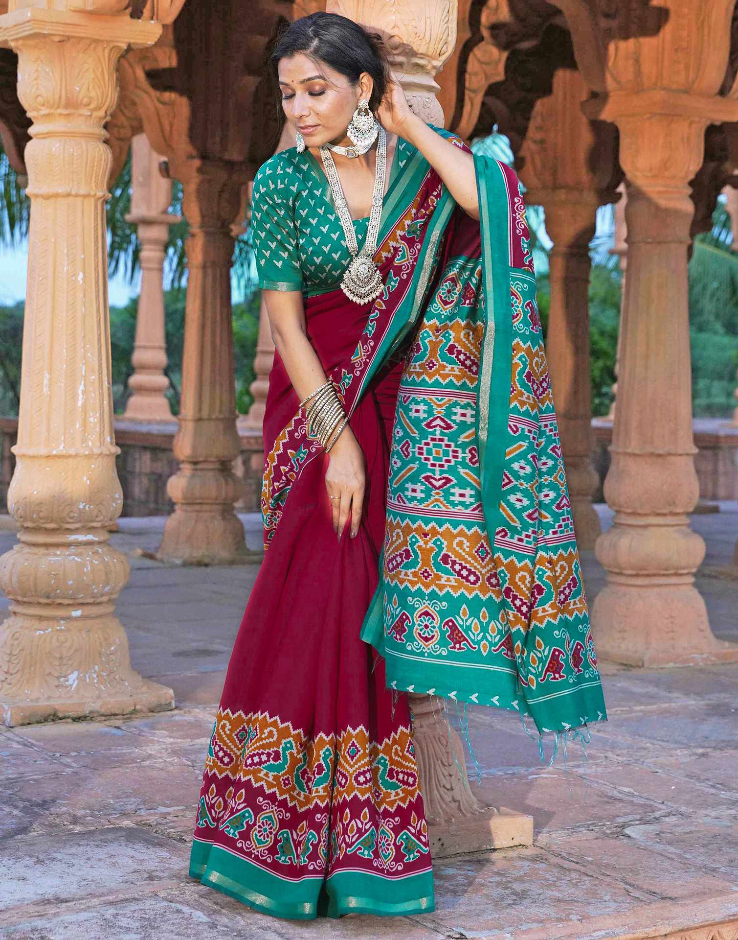 Red Cotton Printed Patola Saree