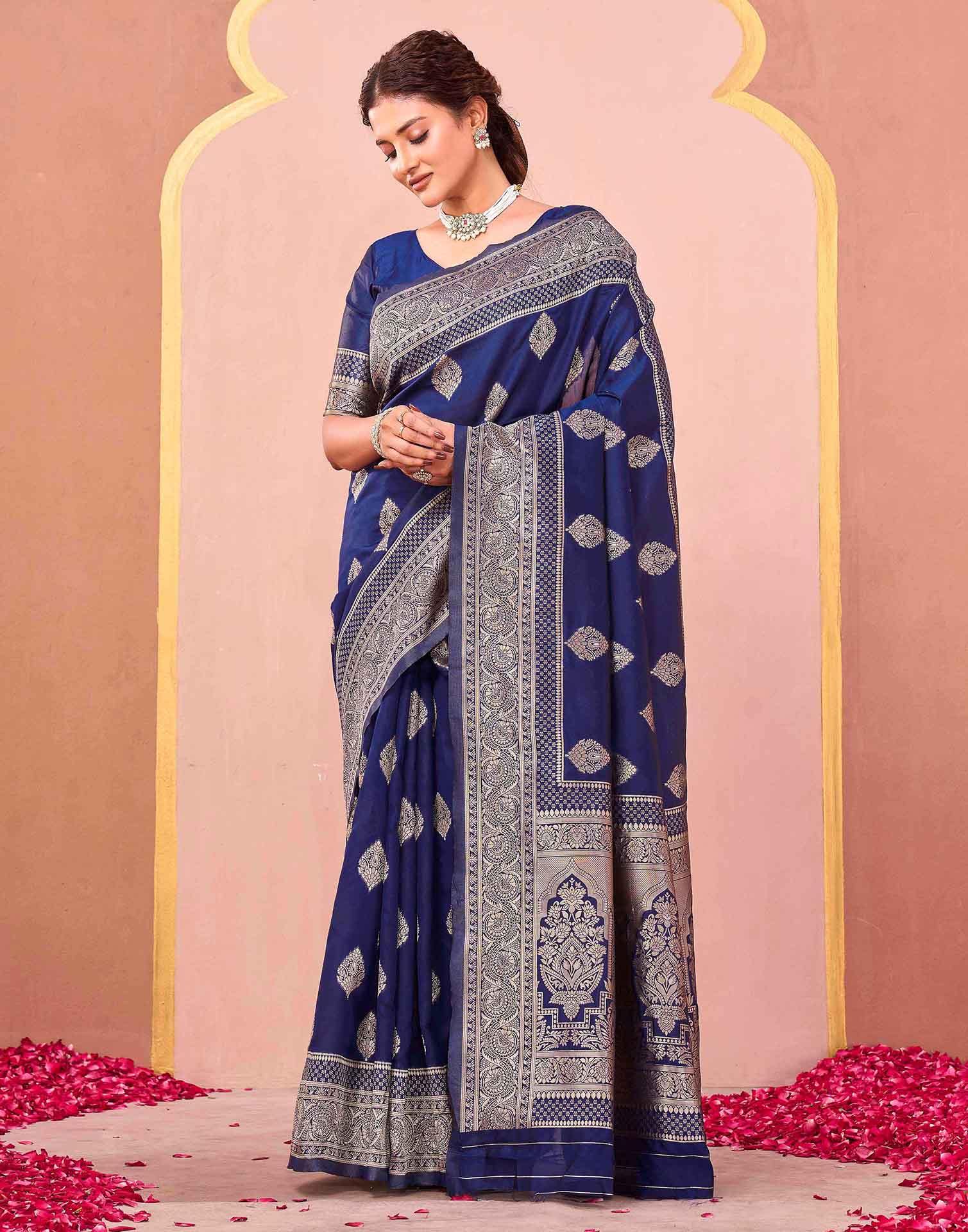 Dark Blue Silk Woven Banarasi Saree