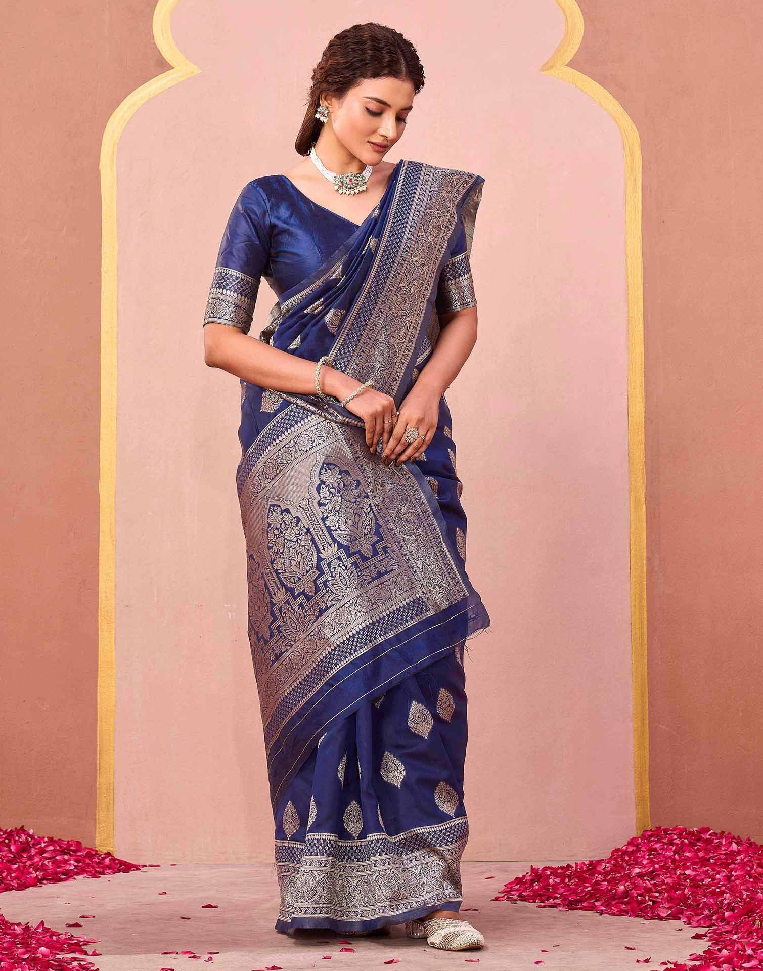 Dark Blue Silk Woven Banarasi Saree
