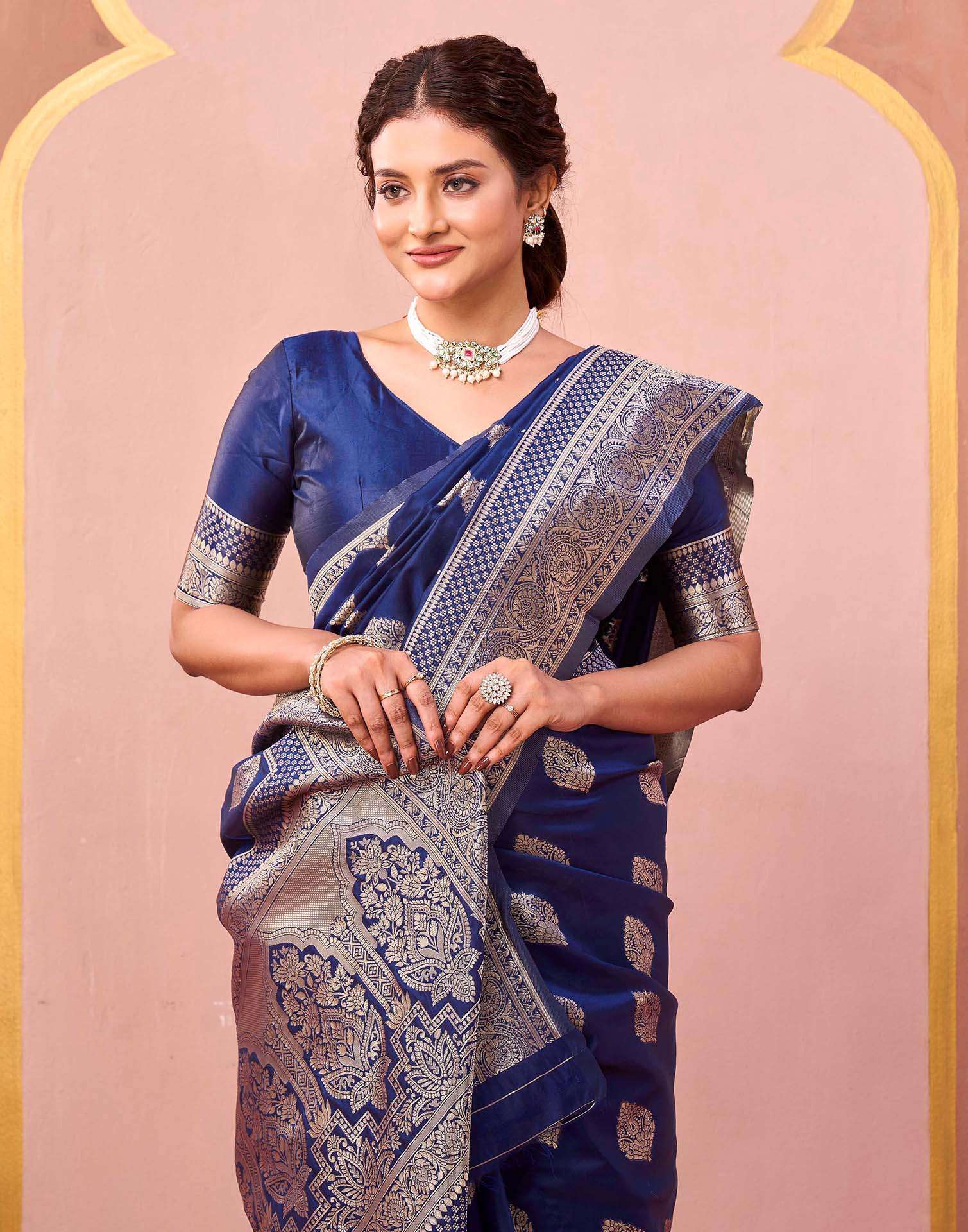Dark Blue Silk Woven Banarasi Saree