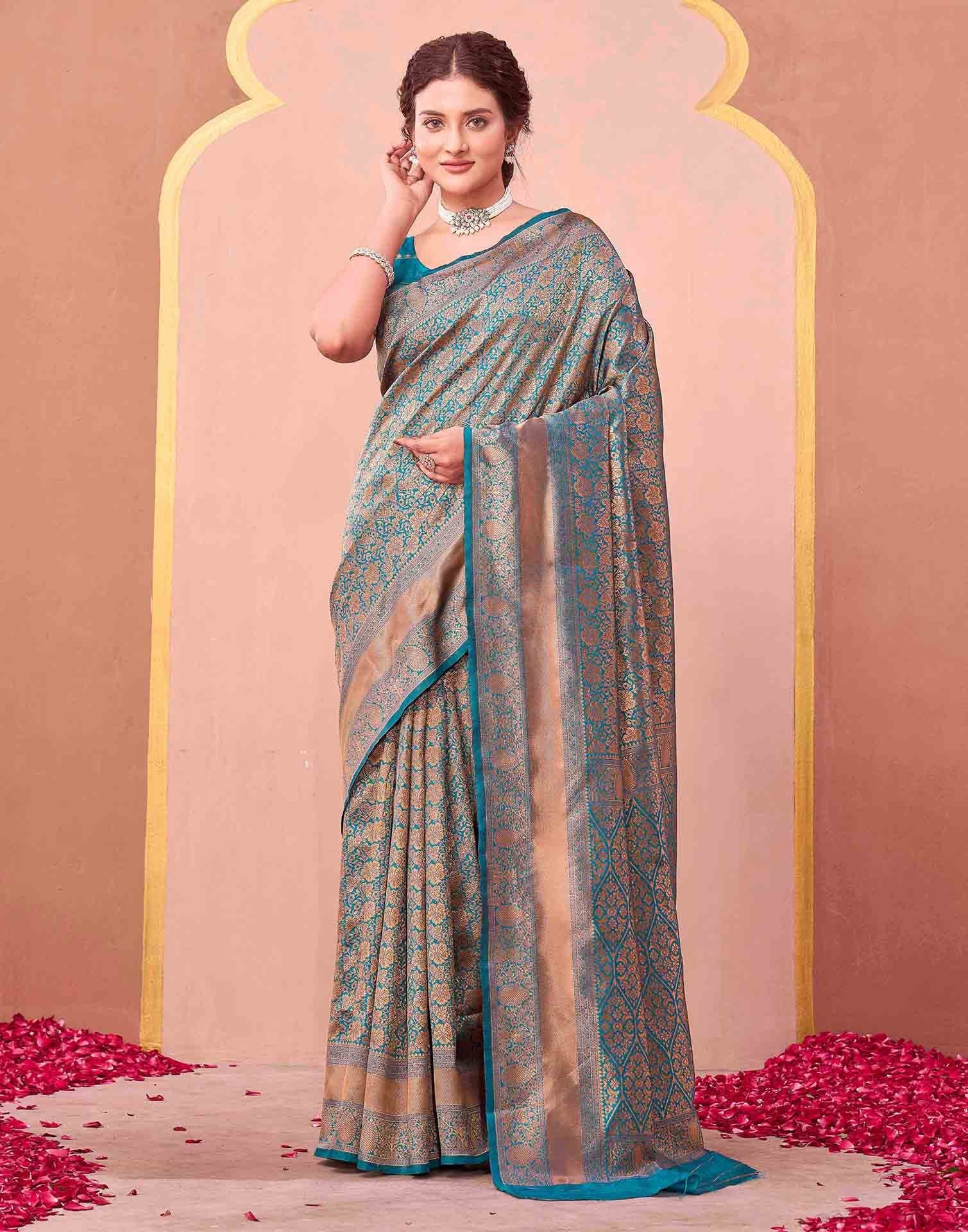Teal Blue Silk Woven Banarasi Saree