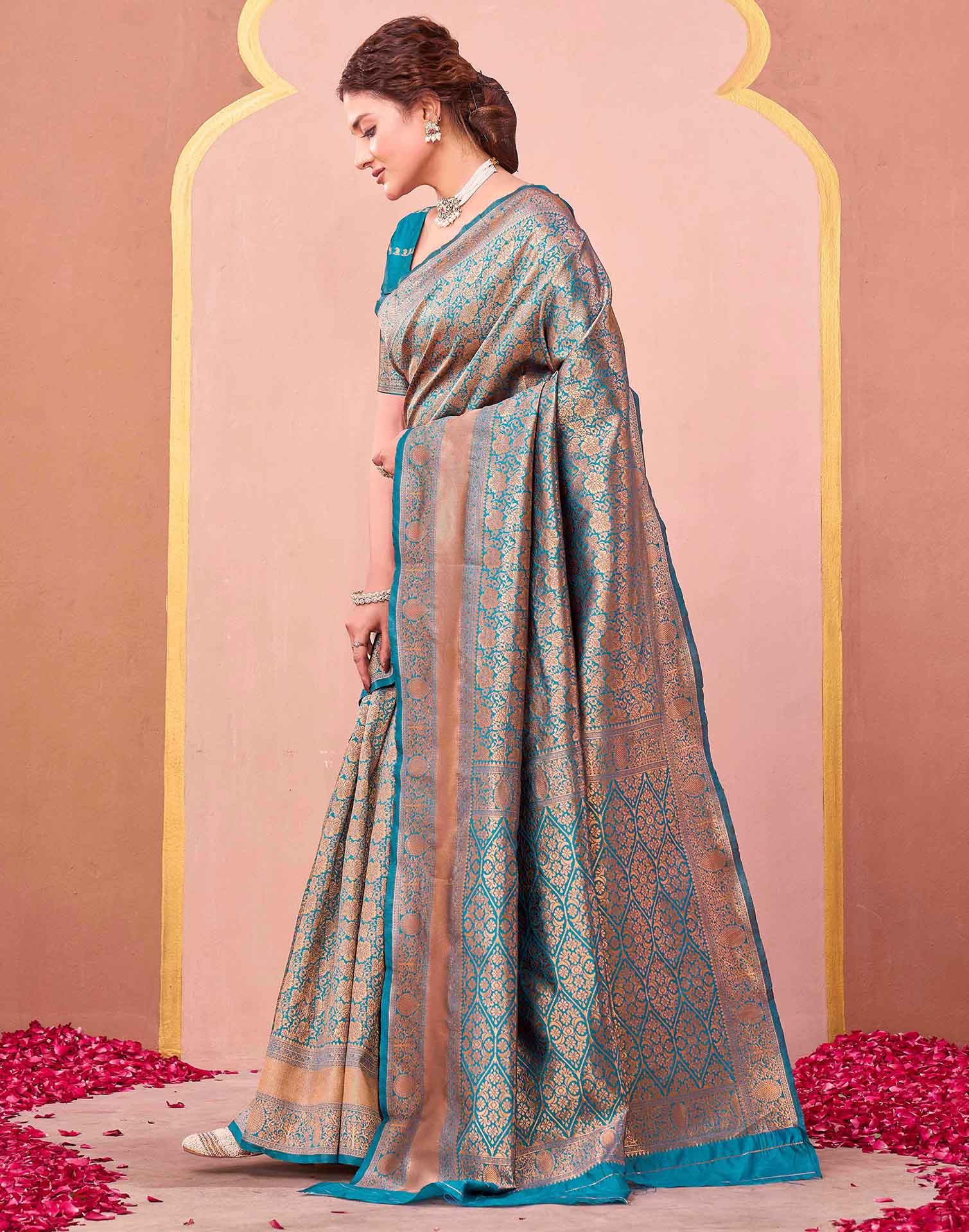 Teal Blue Silk Woven Banarasi Saree