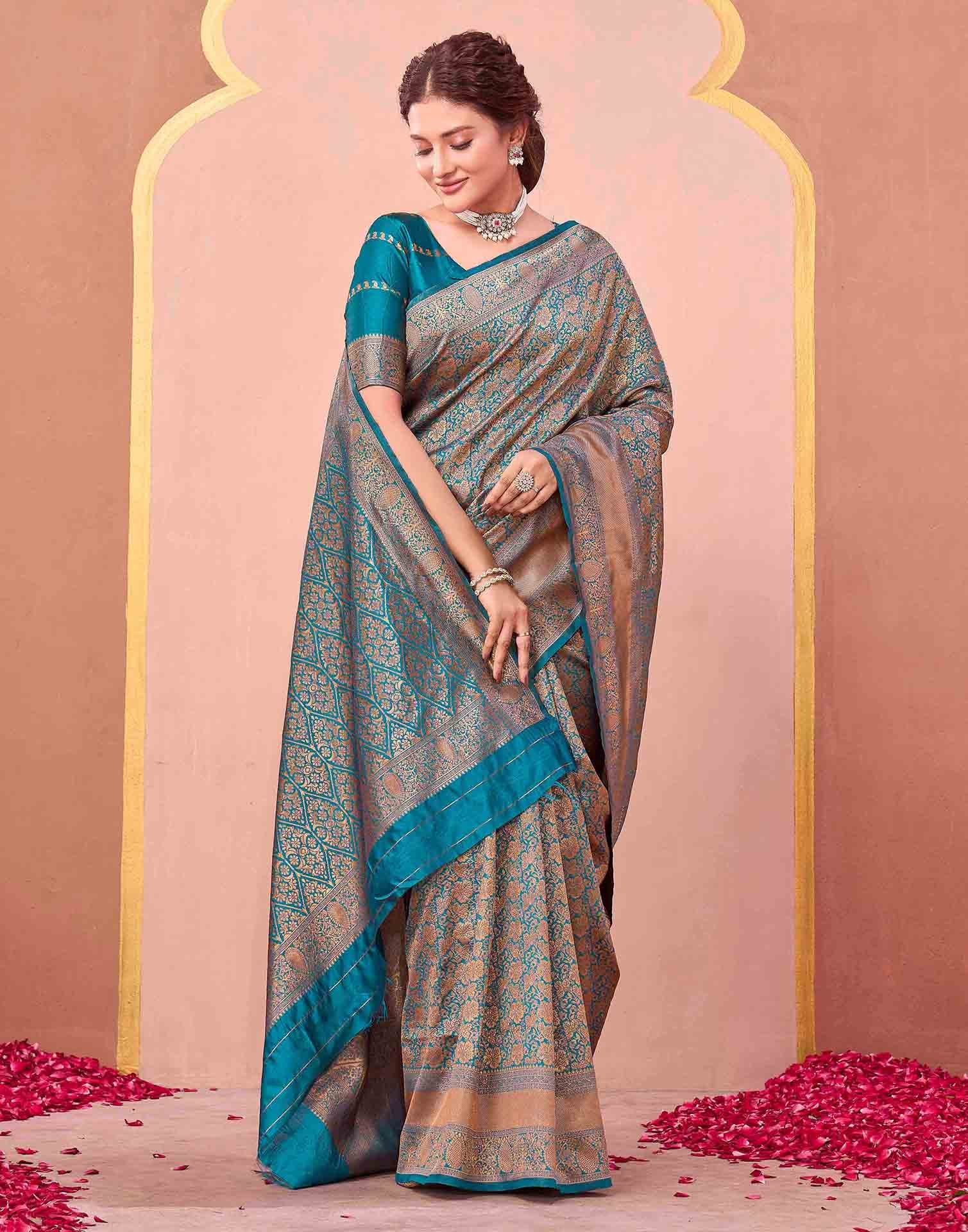 Teal Blue Silk Woven Banarasi Saree