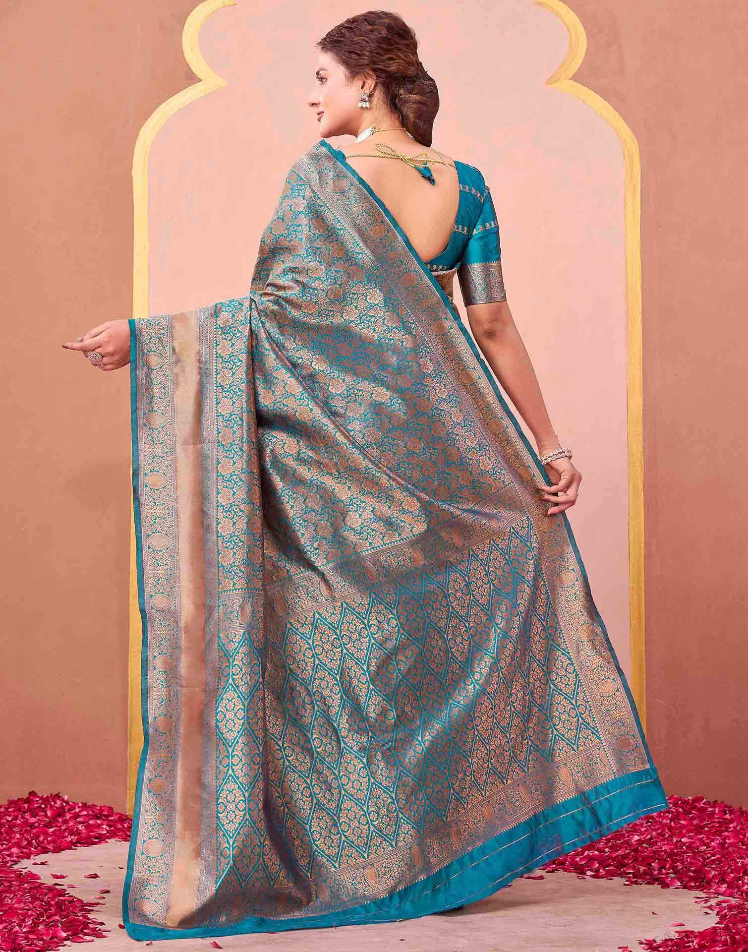 Teal Blue Silk Woven Banarasi Saree