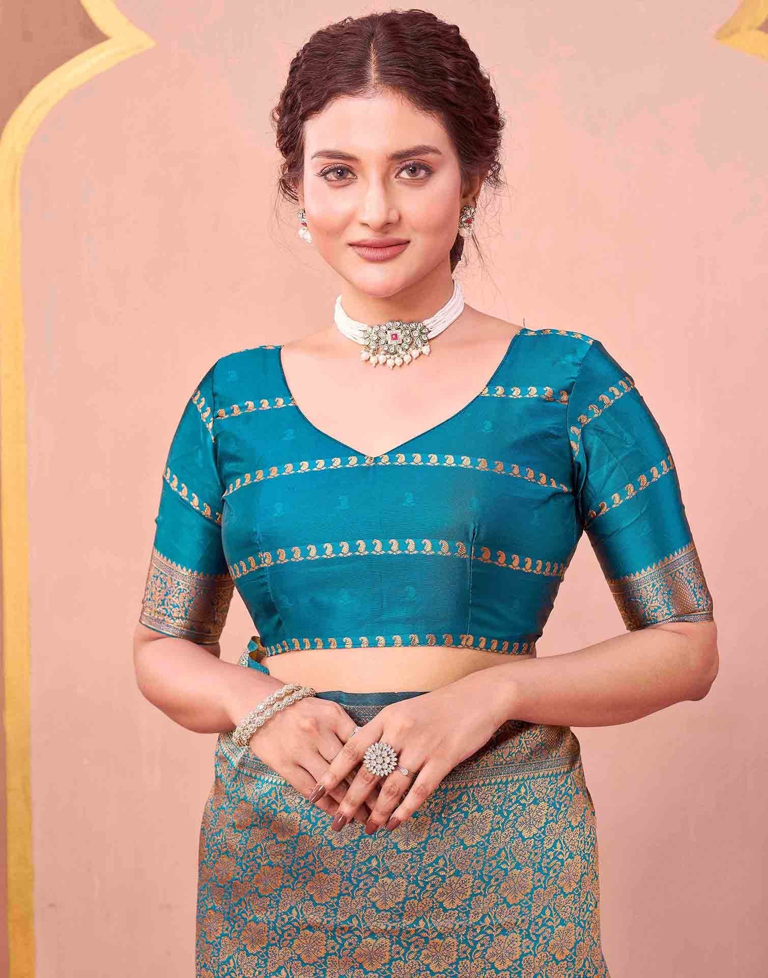 Teal Blue Silk Woven Banarasi Saree