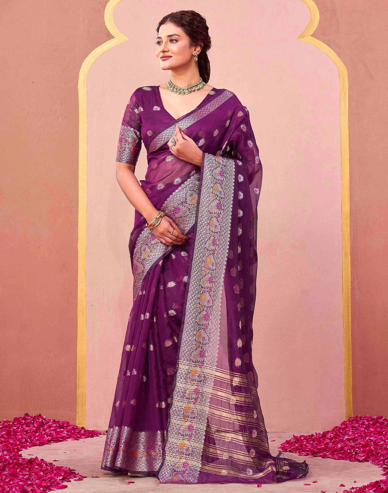 Dark Purple Organza Woven Saree