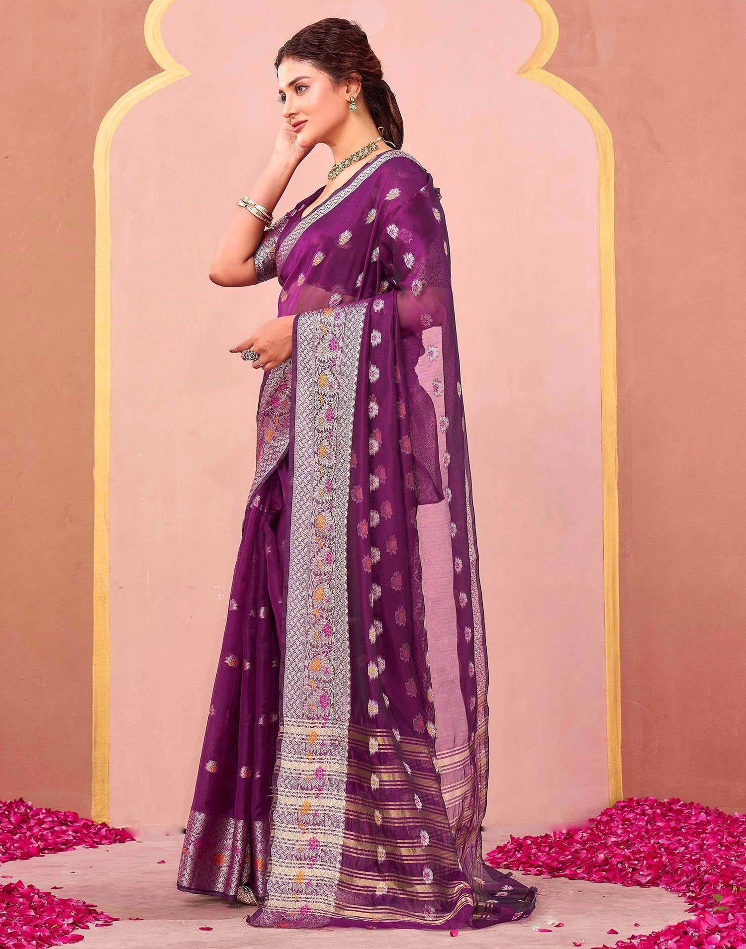 Dark Purple Organza Woven Saree