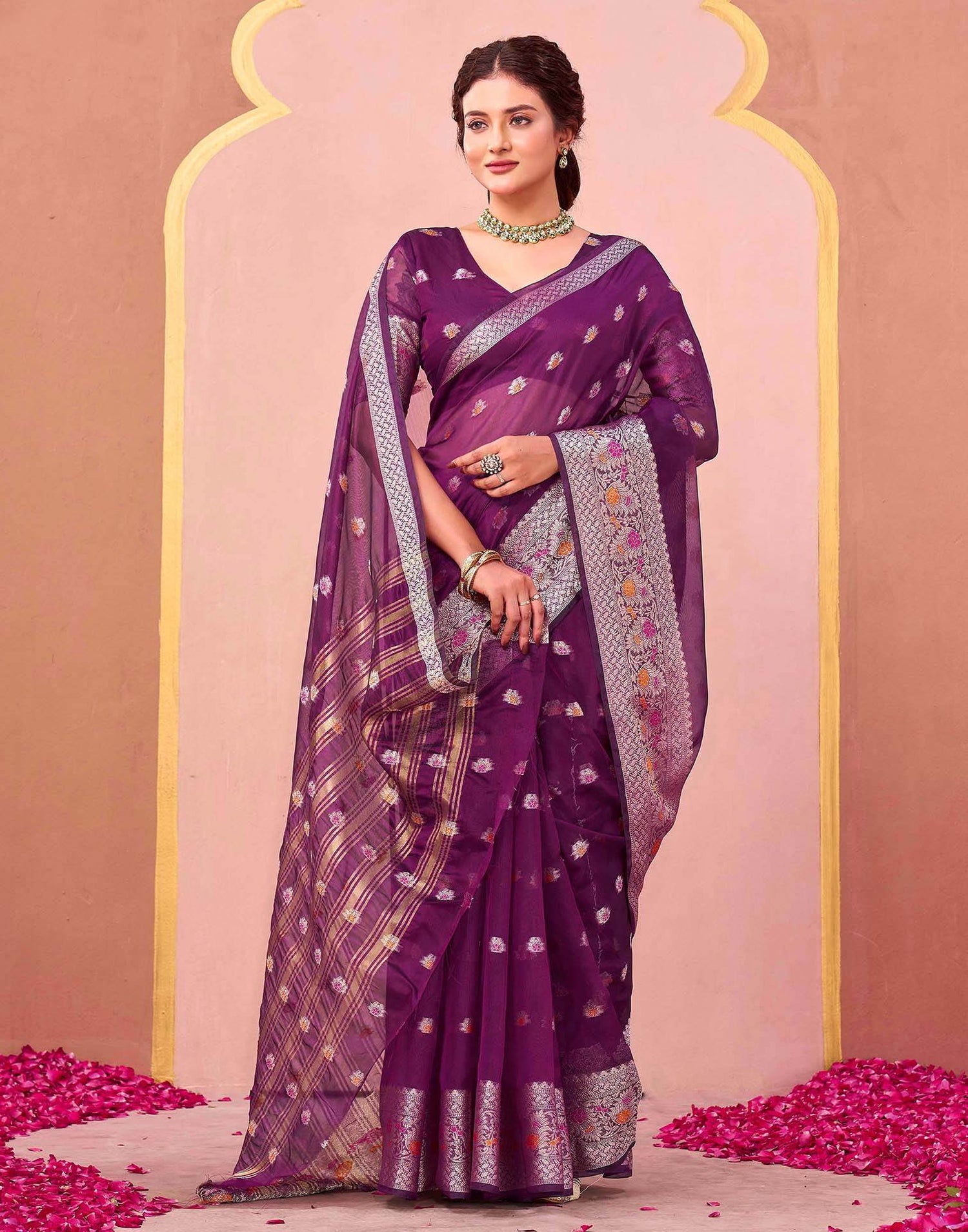Dark Purple Organza Woven Saree