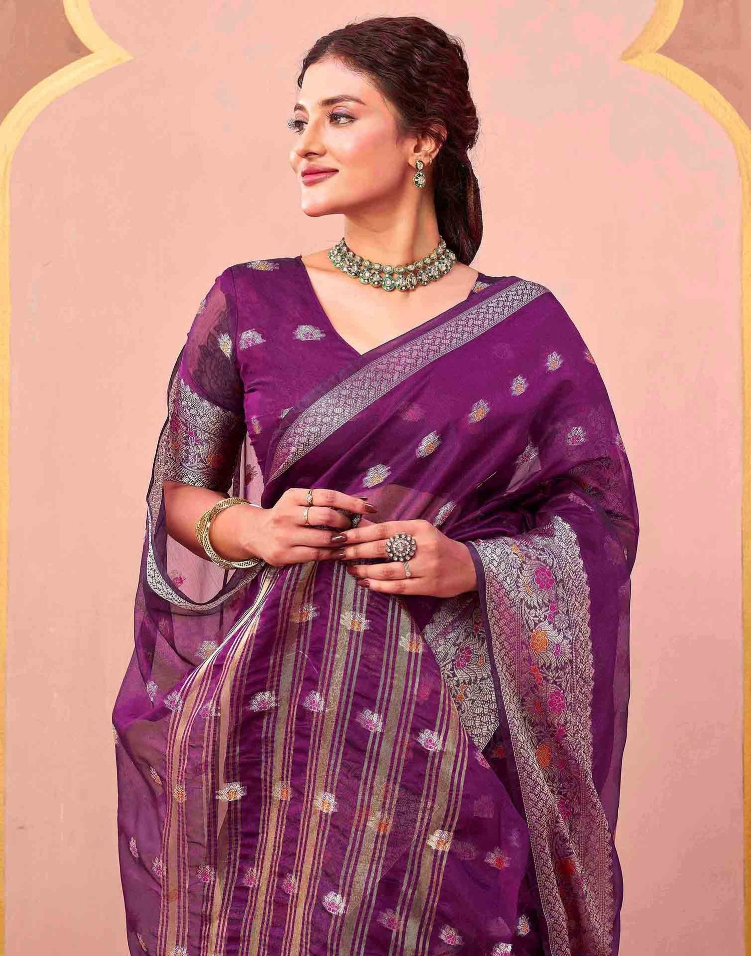 Dark Purple Organza Woven Saree
