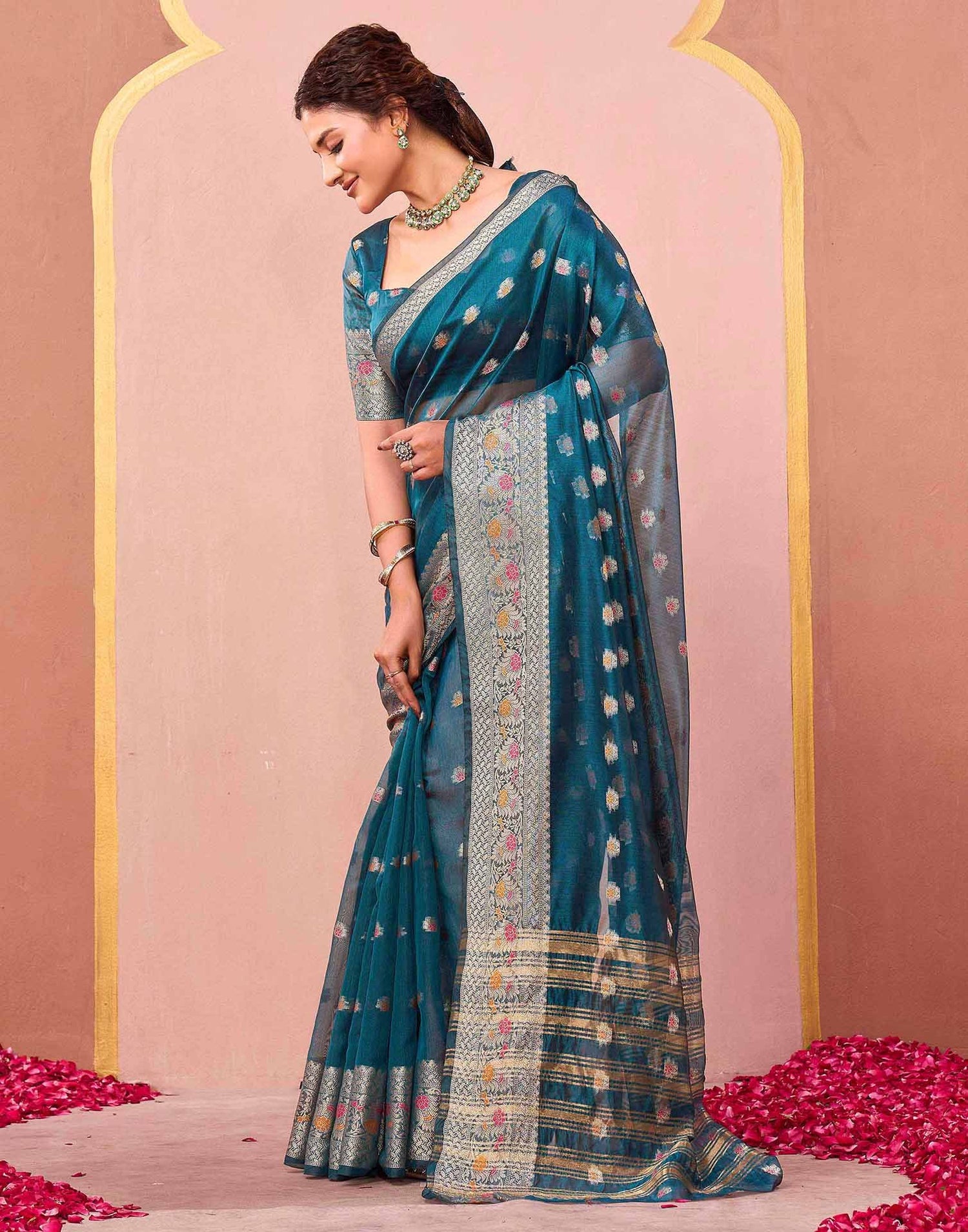 Rama Green Organza Woven Saree