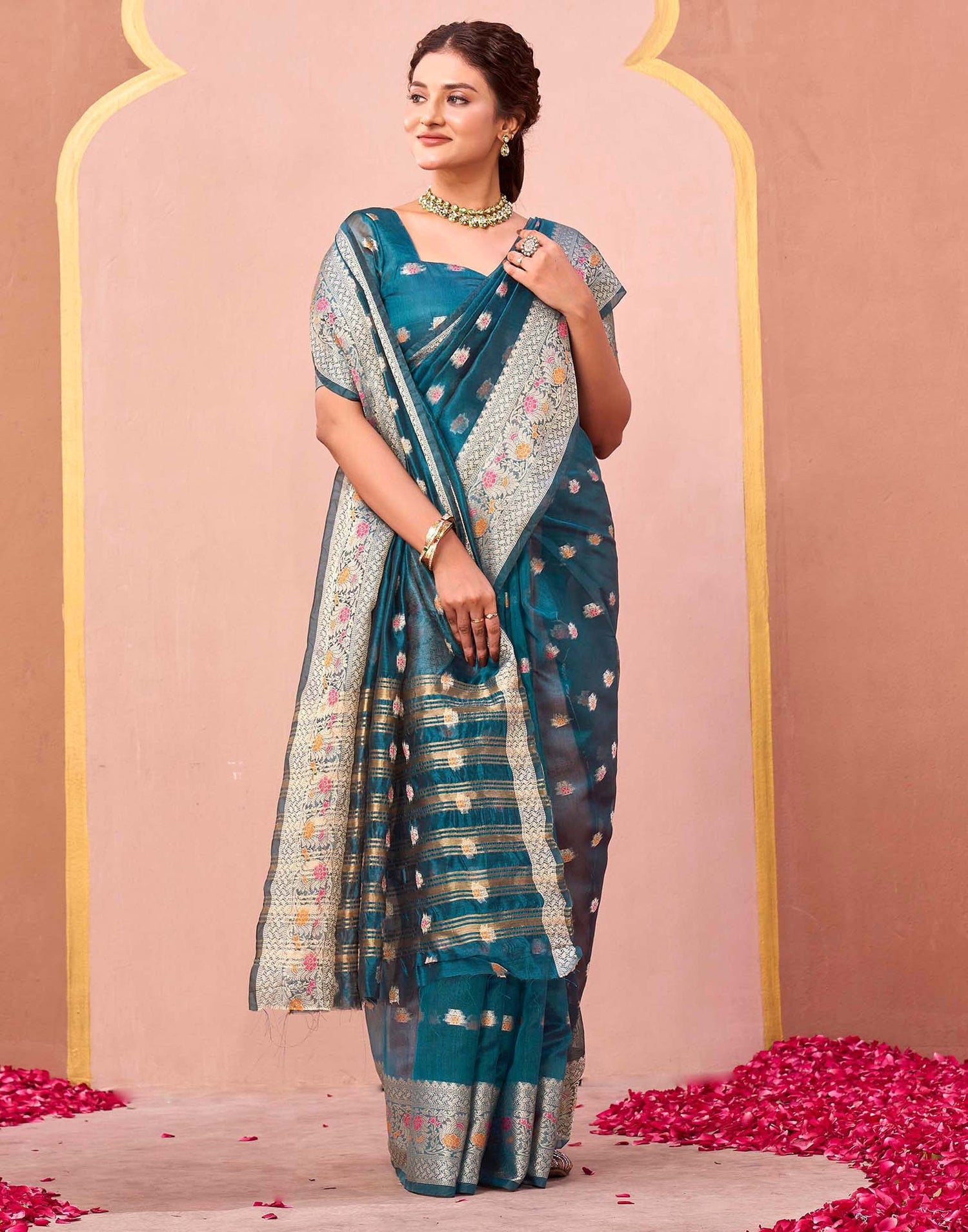 Rama Green Organza Woven Saree