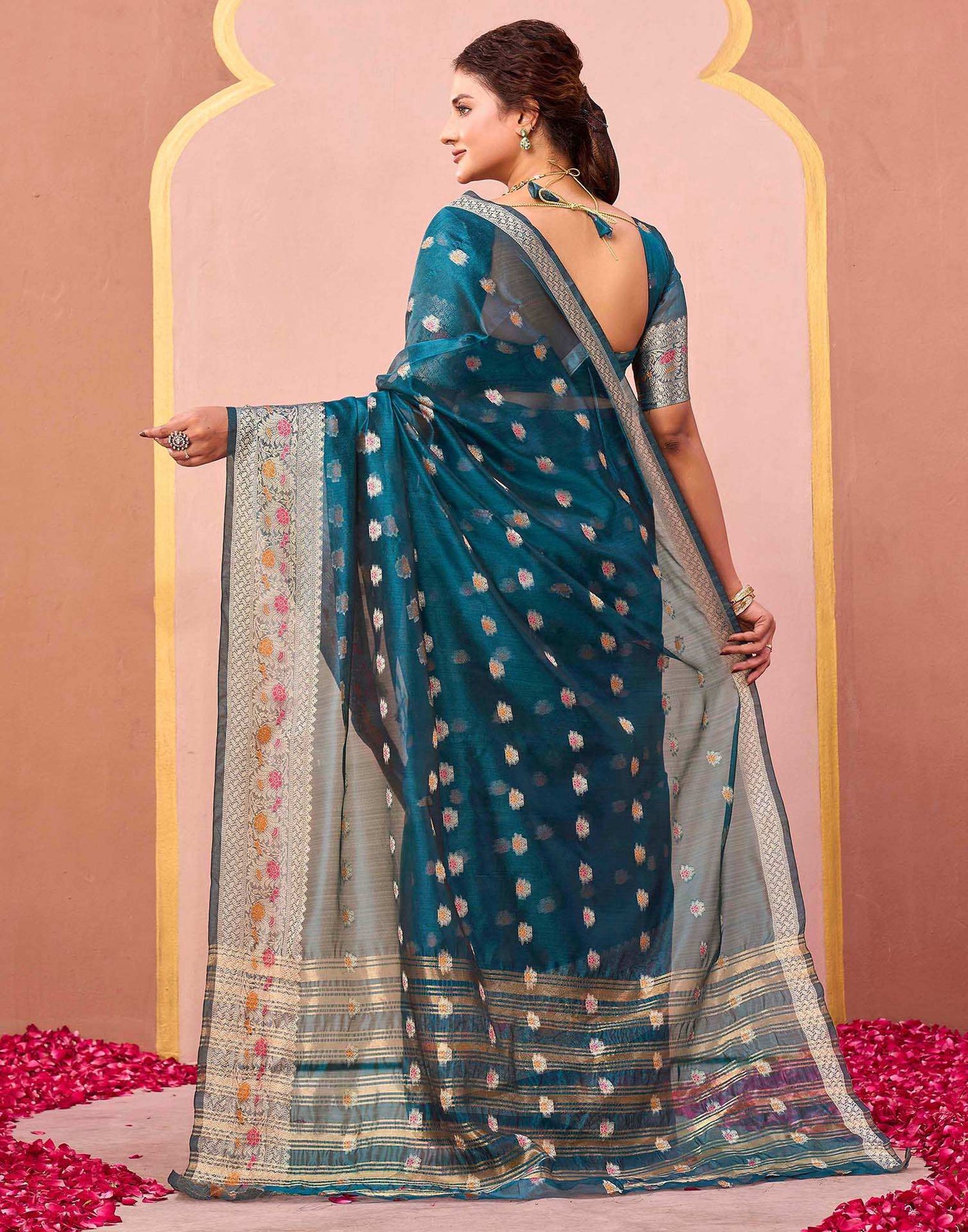 Rama Green Organza Woven Saree