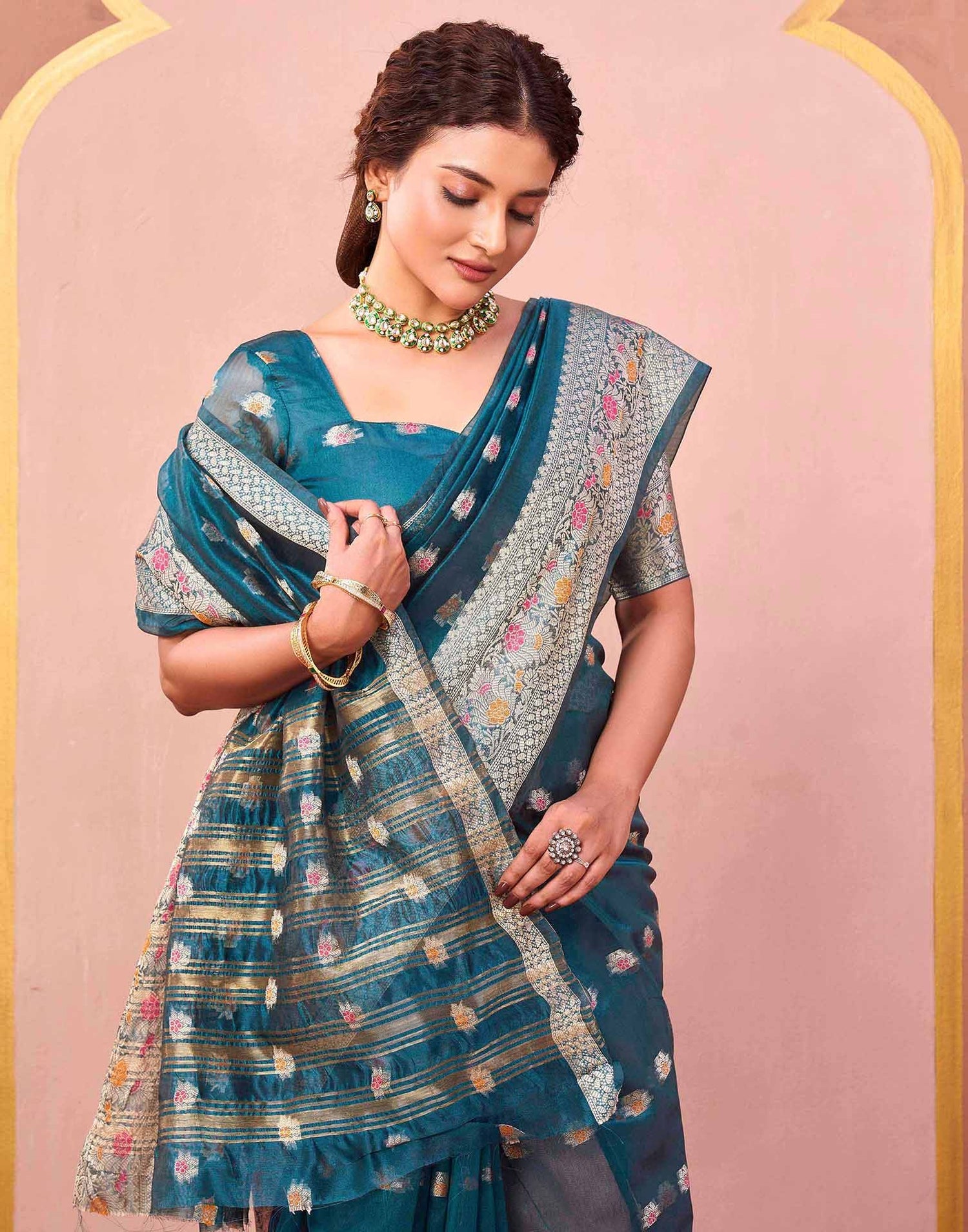 Rama Green Organza Woven Saree