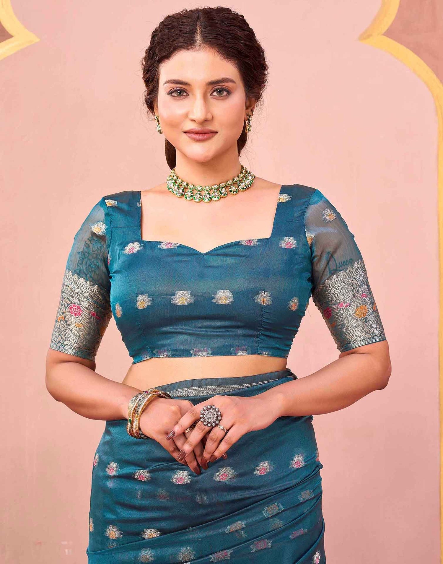 Rama Green Organza Woven Saree