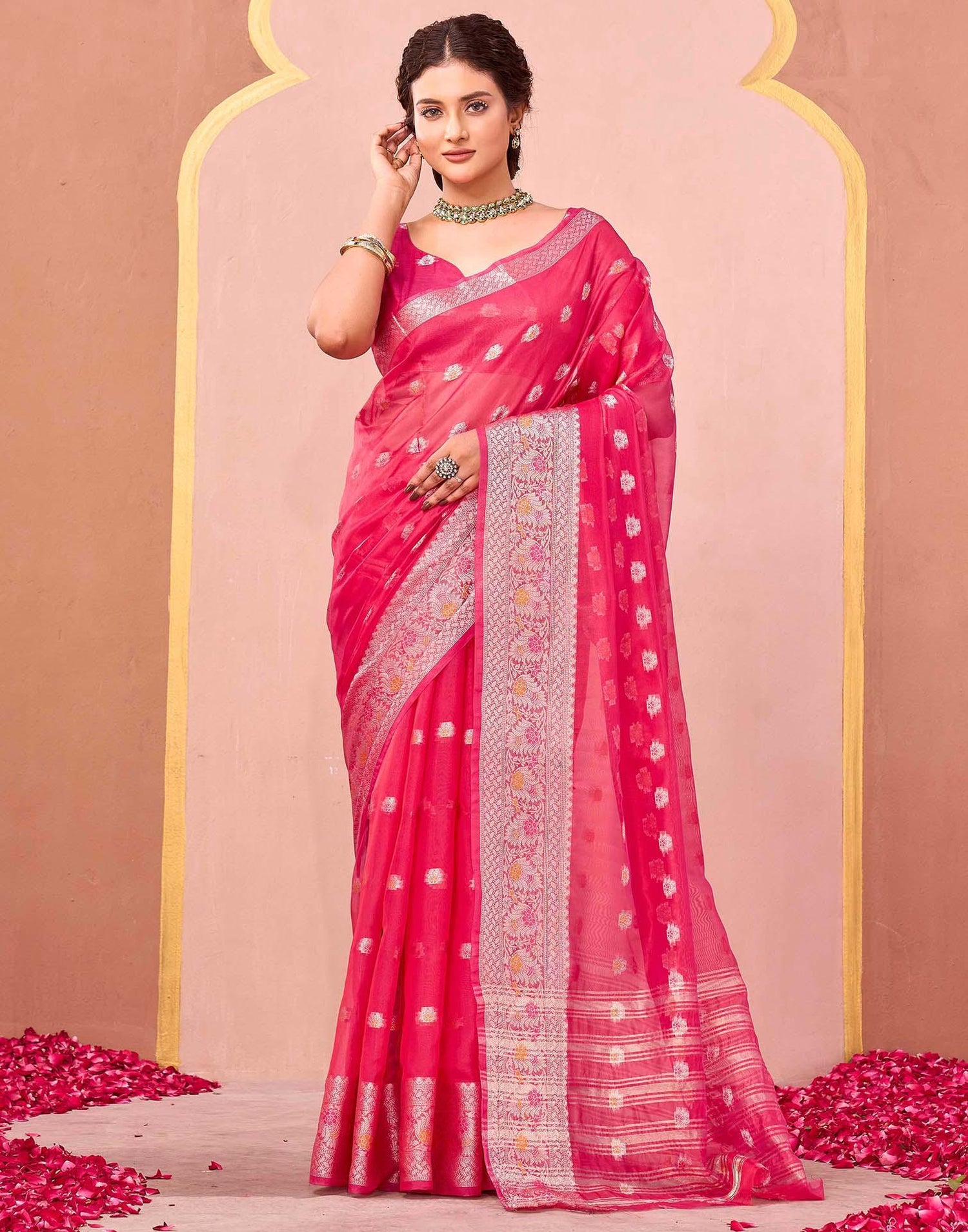 Bright Pink Organza Woven Saree