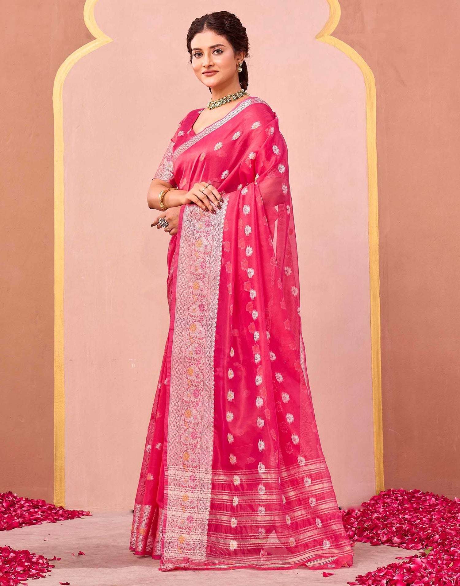 Bright Pink Organza Woven Saree