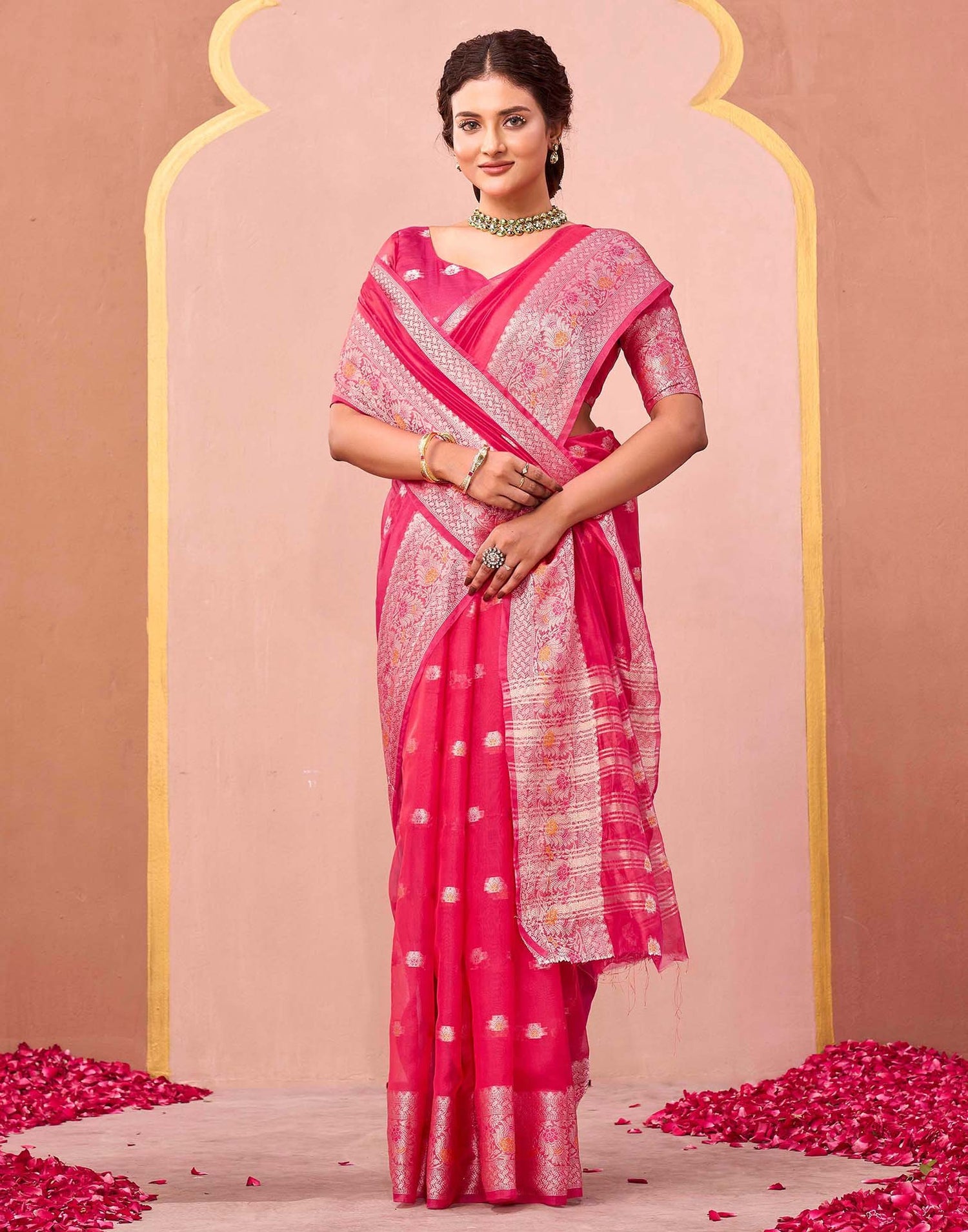 Bright Pink Organza Woven Saree