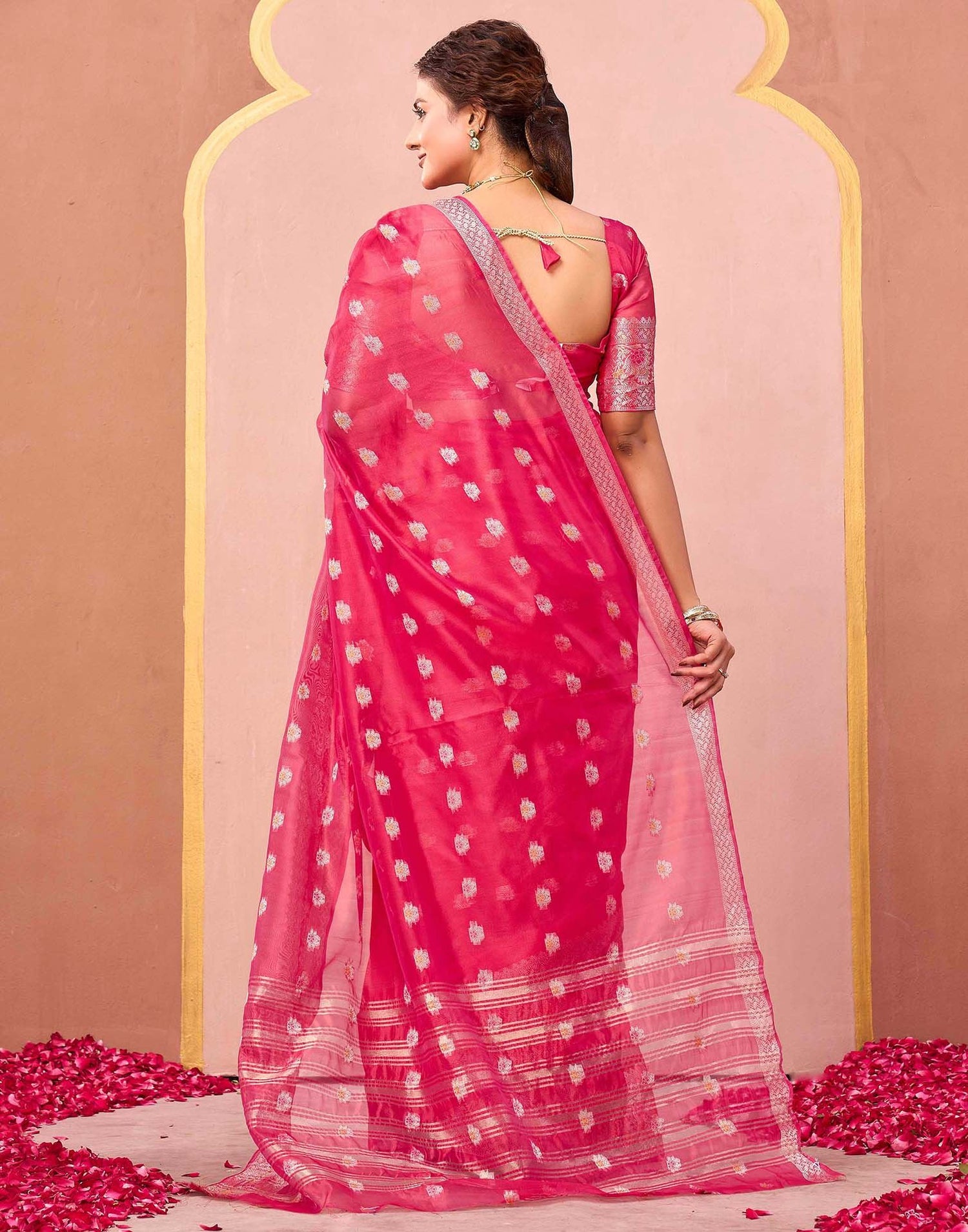 Bright Pink Organza Woven Saree