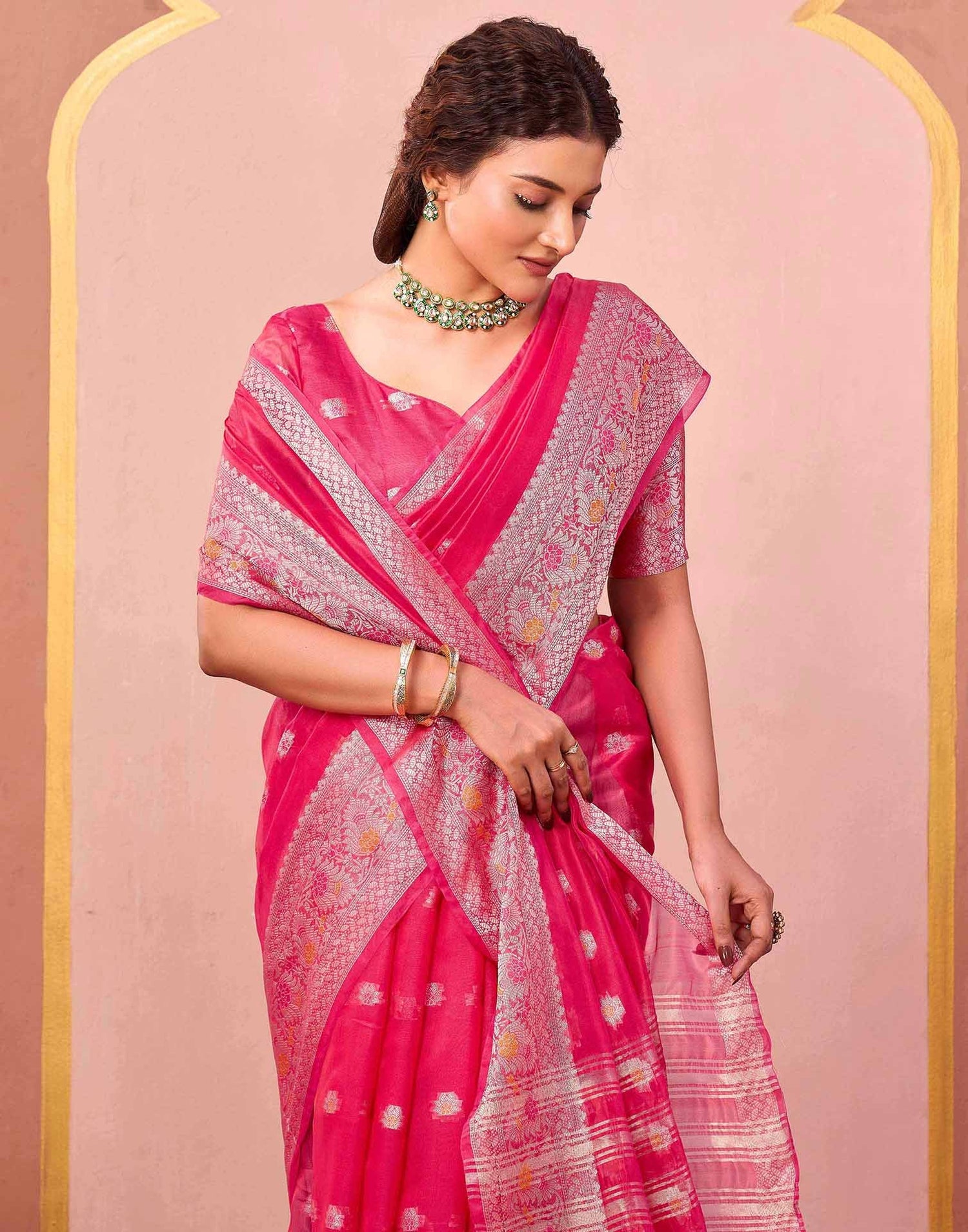 Bright Pink Organza Woven Saree