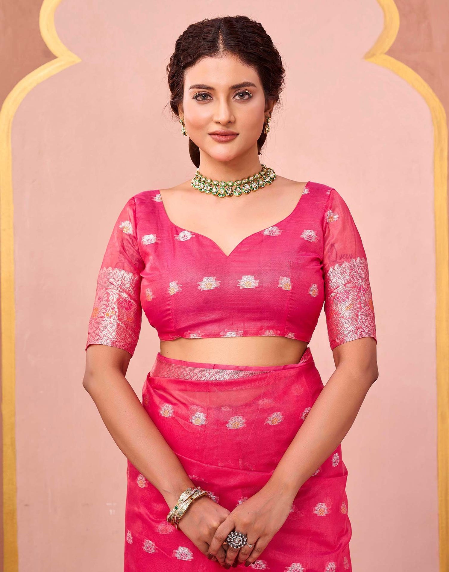 Bright Pink Organza Woven Saree