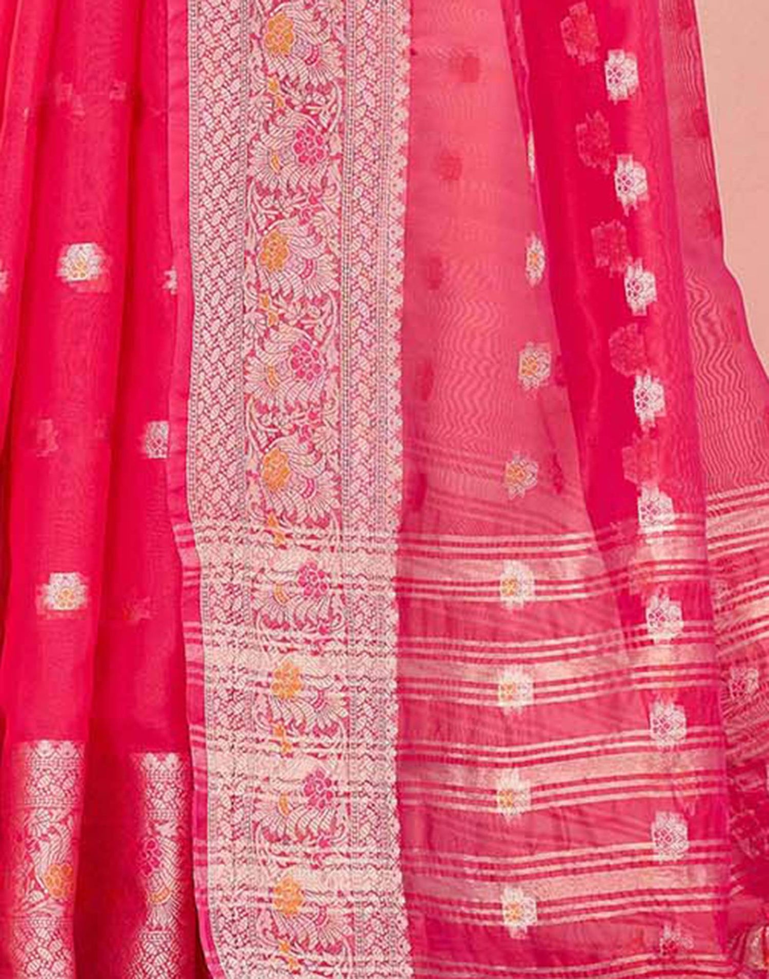 Bright Pink Organza Woven Saree