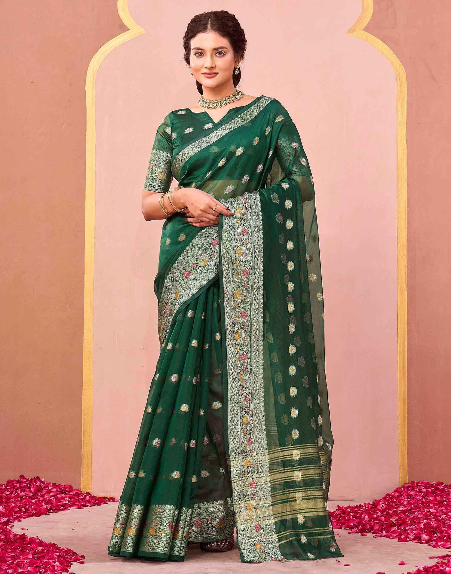 Dark Green Organza Woven Saree