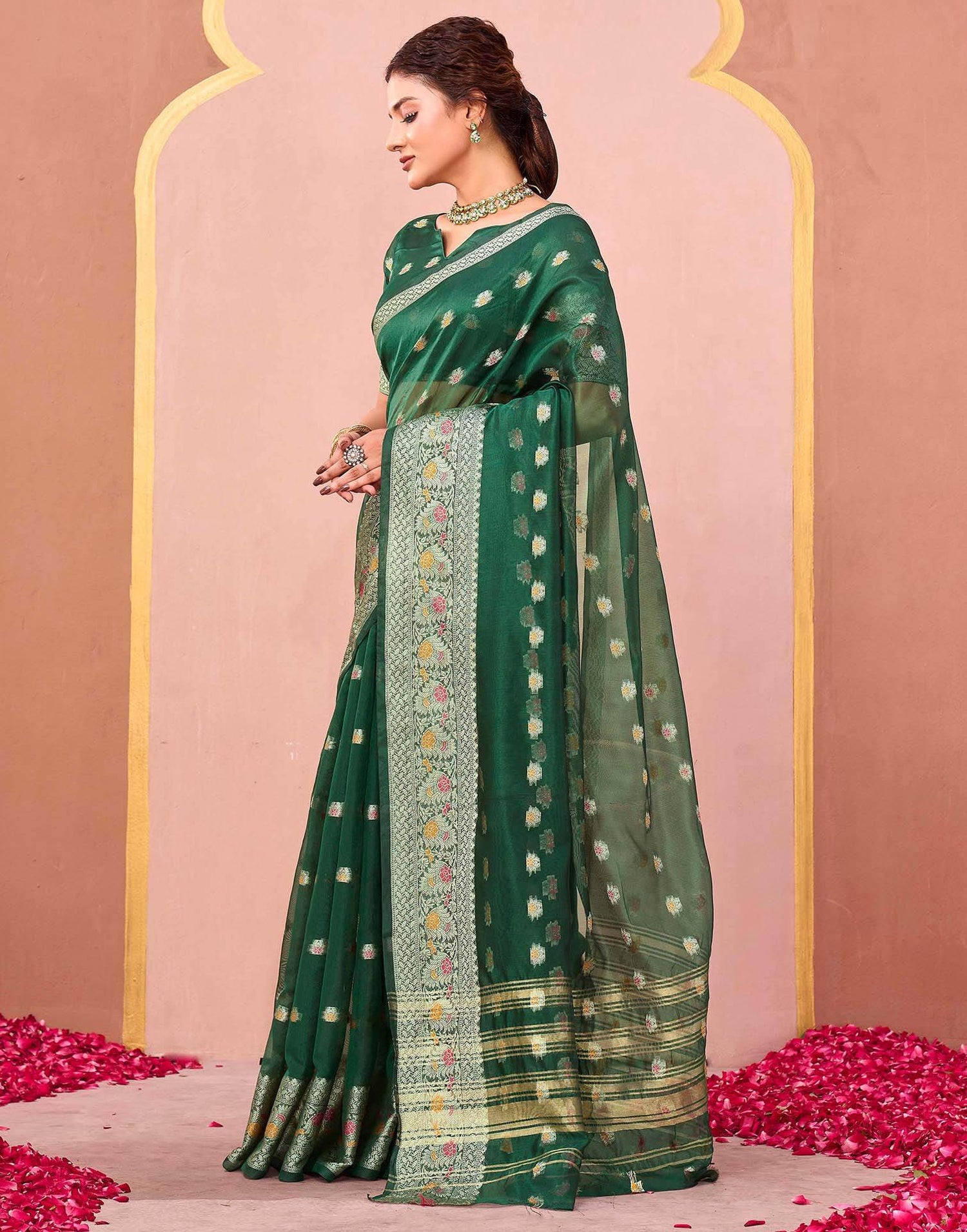 Dark Green Organza Woven Saree