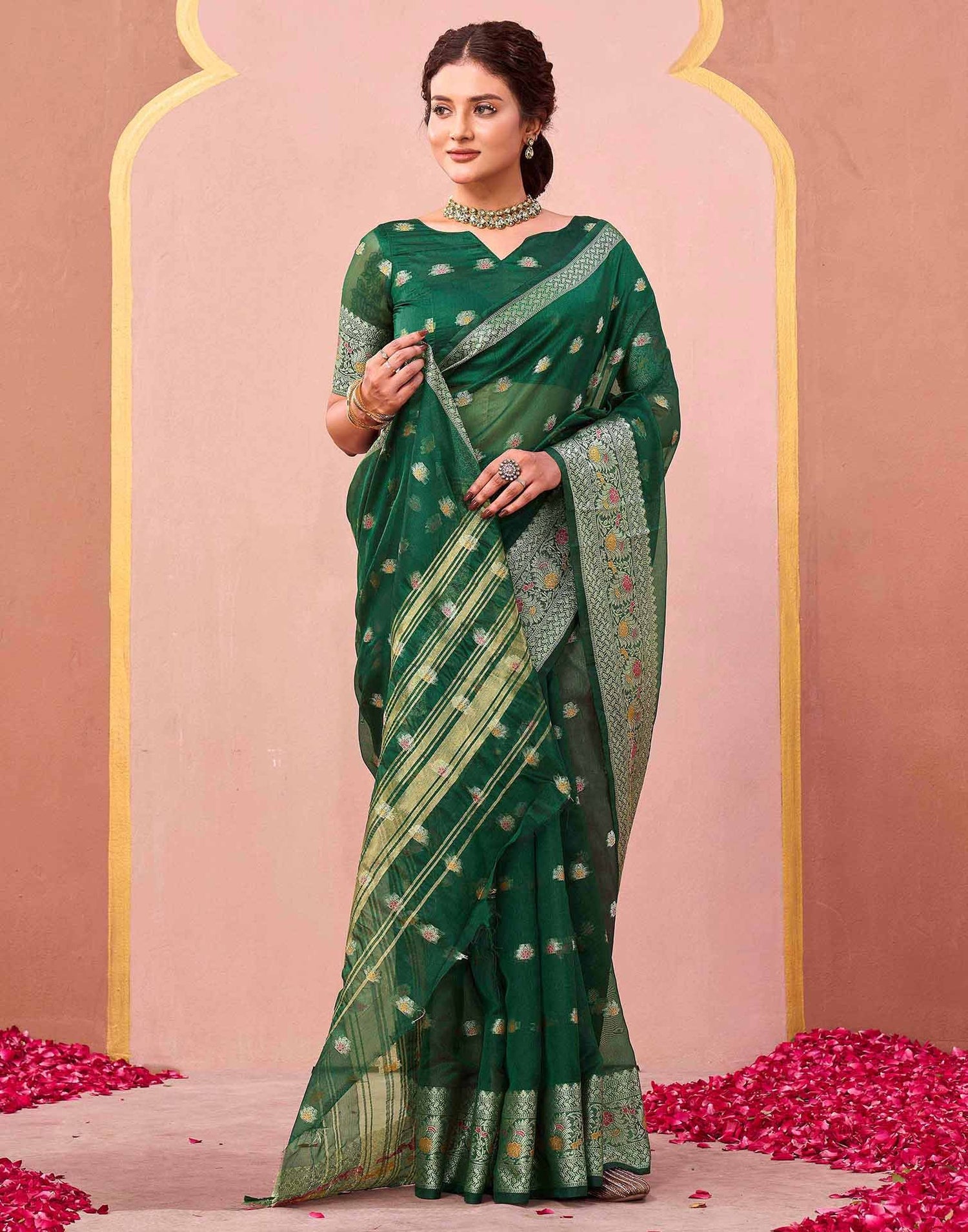 Dark Green Organza Woven Saree