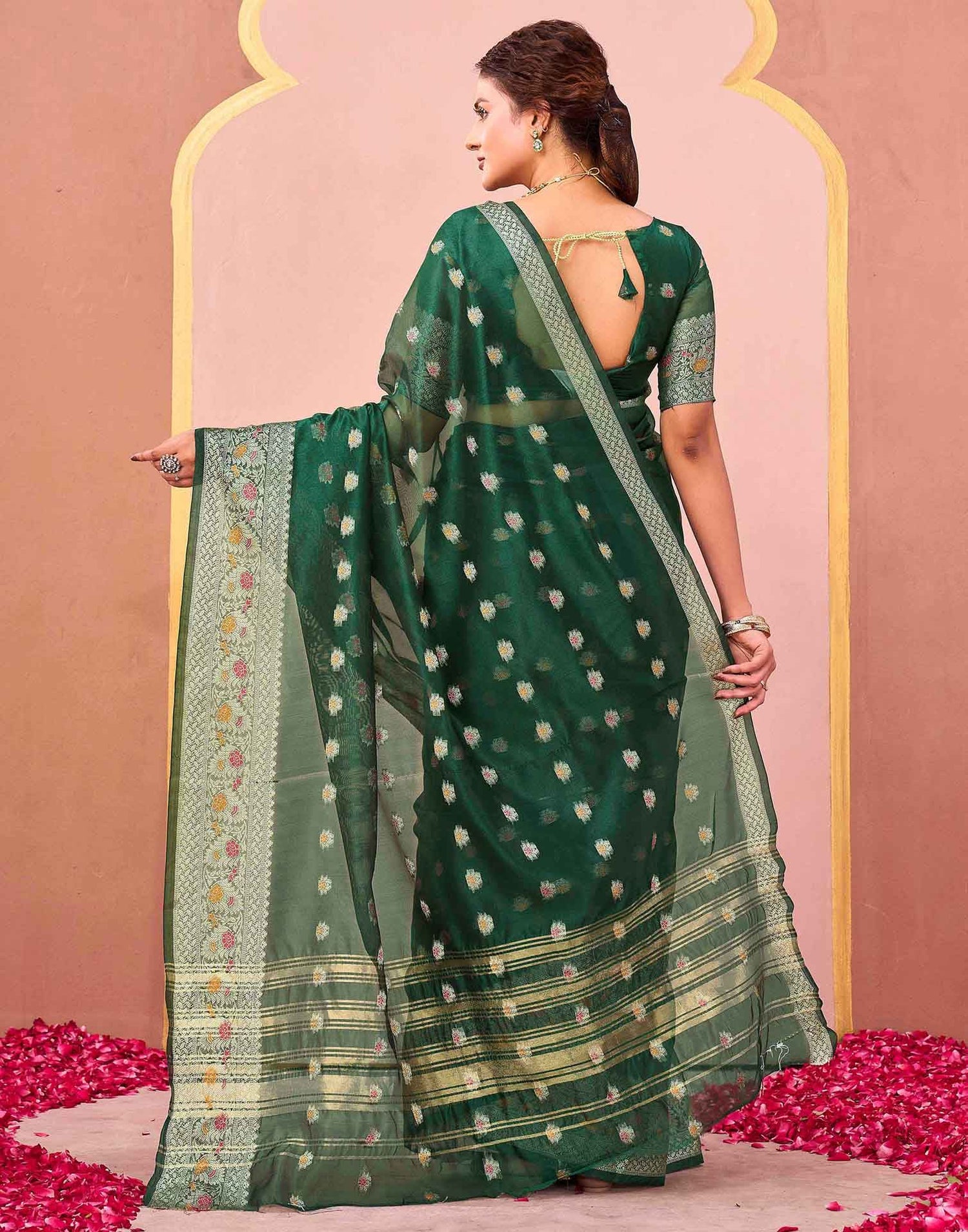 Dark Green Organza Woven Saree