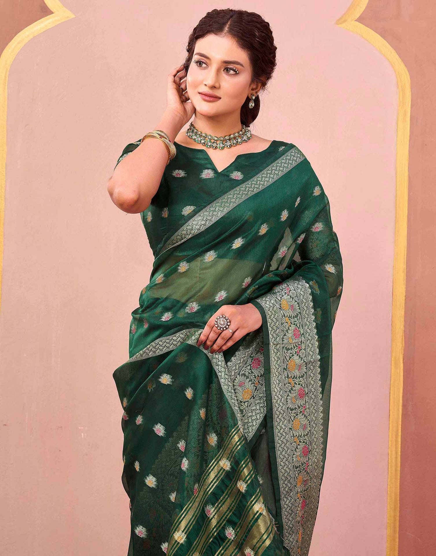 Dark Green Organza Woven Saree