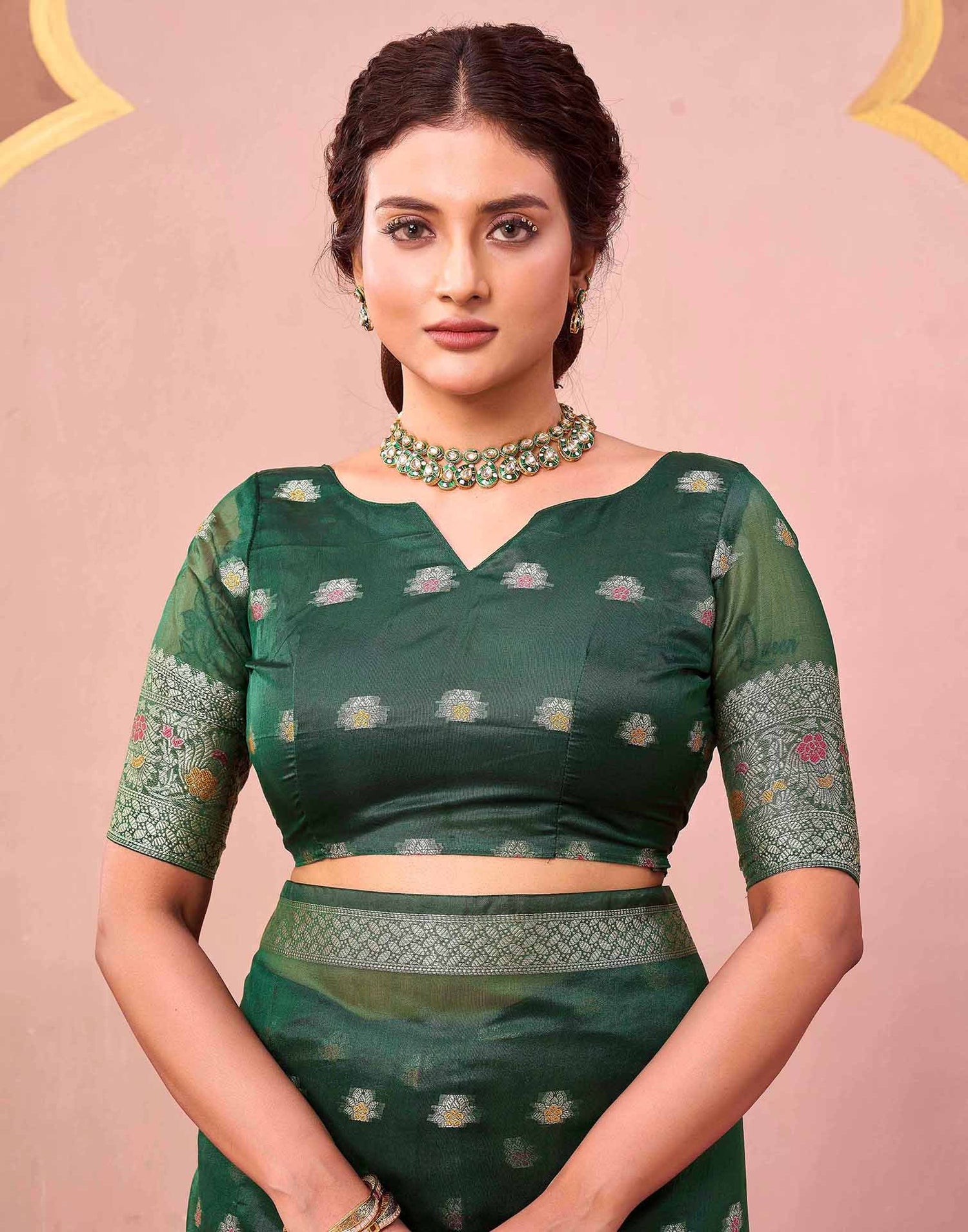 Dark Green Organza Woven Saree