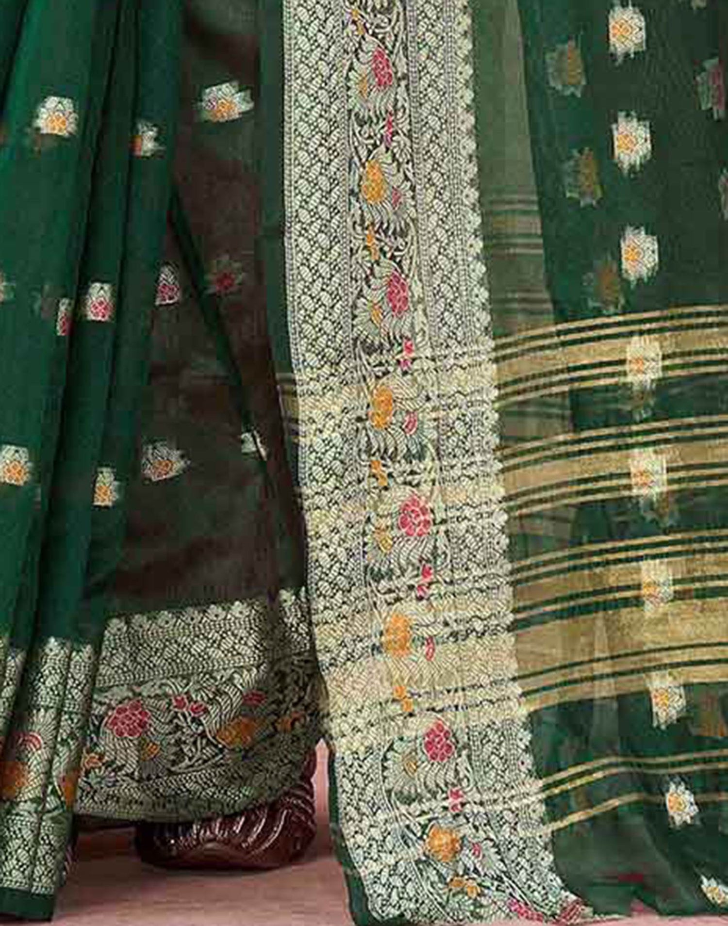 Dark Green Organza Woven Saree