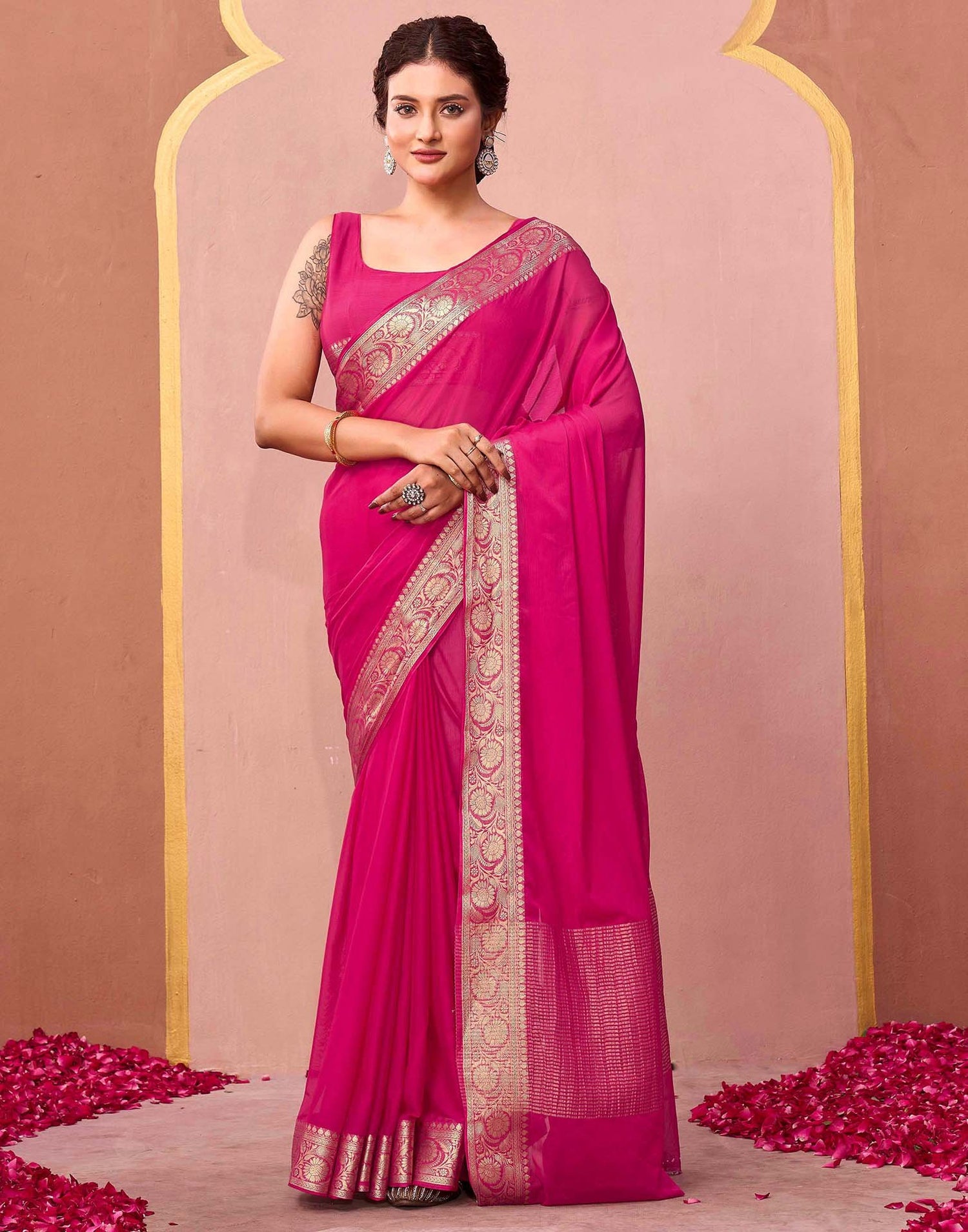 Bright Pink Chiffon Woven Saree