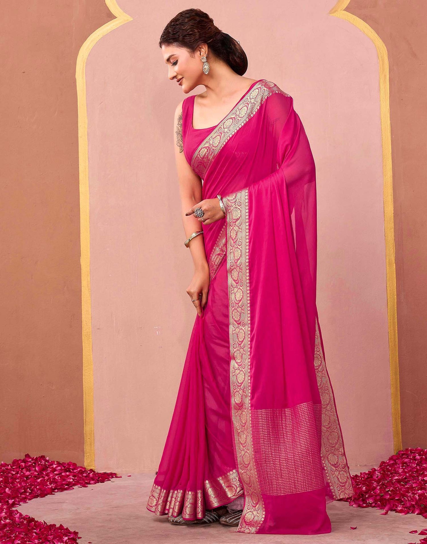 Bright Pink Chiffon Woven Saree