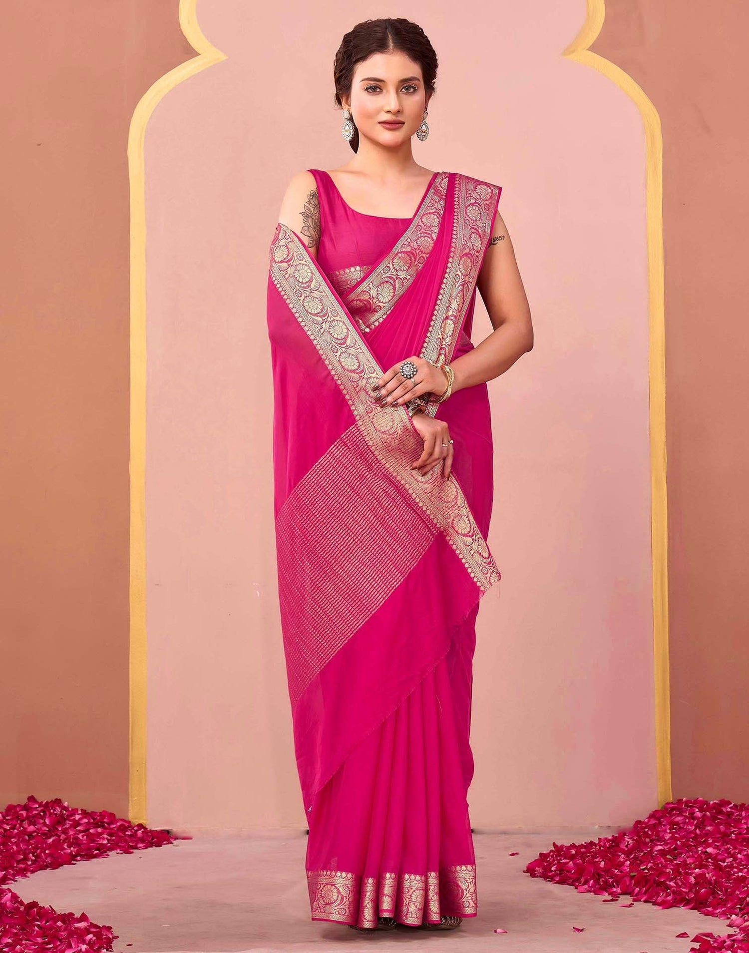 Bright Pink Chiffon Woven Saree