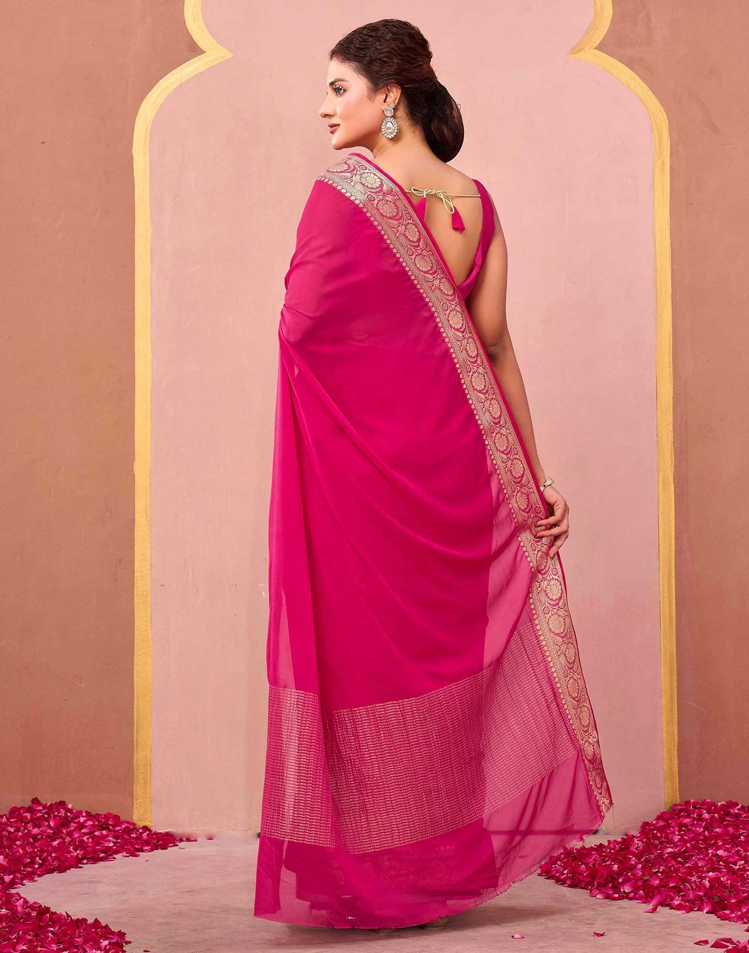 Bright Pink Chiffon Woven Saree