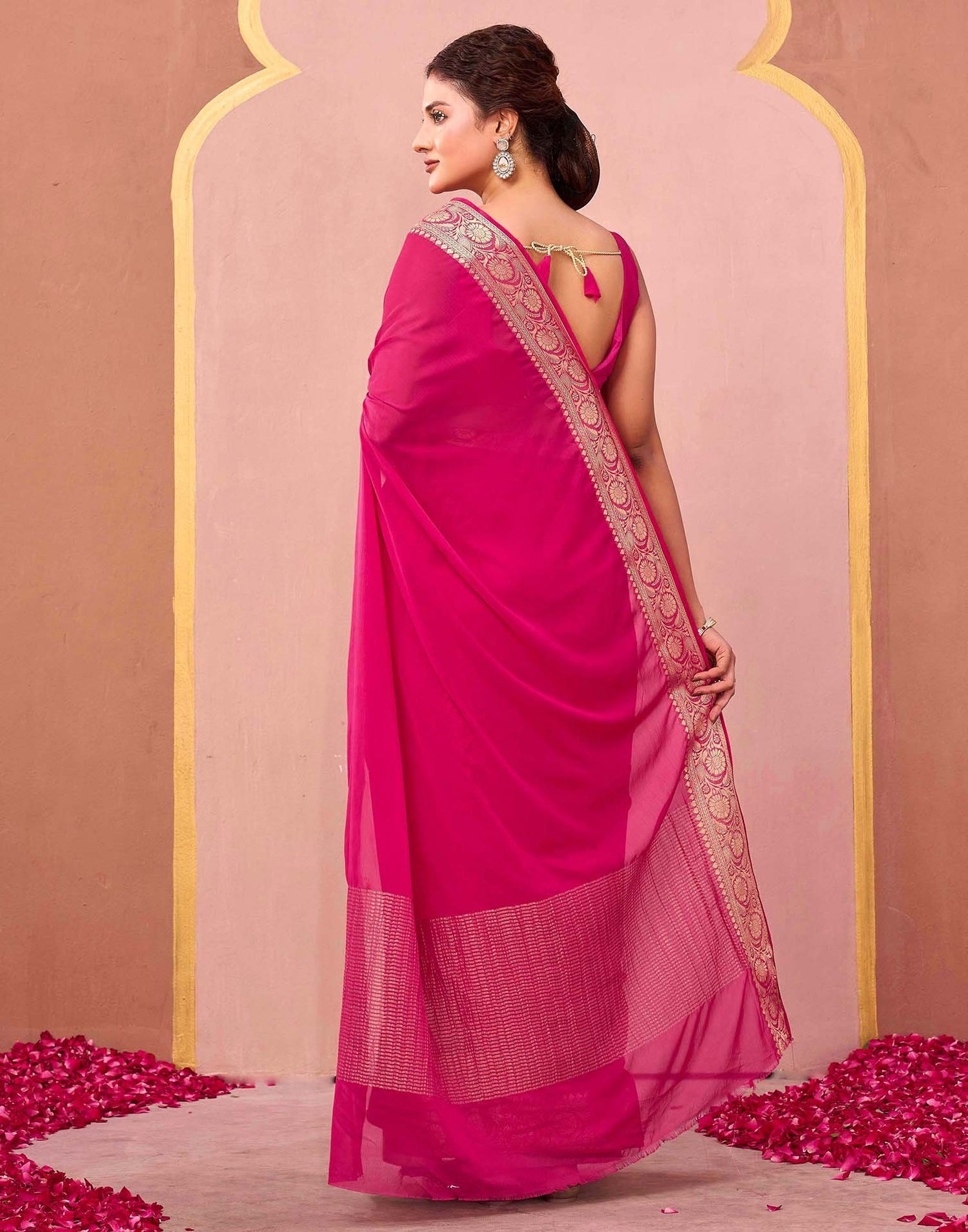 Bright Pink Chiffon Woven Saree